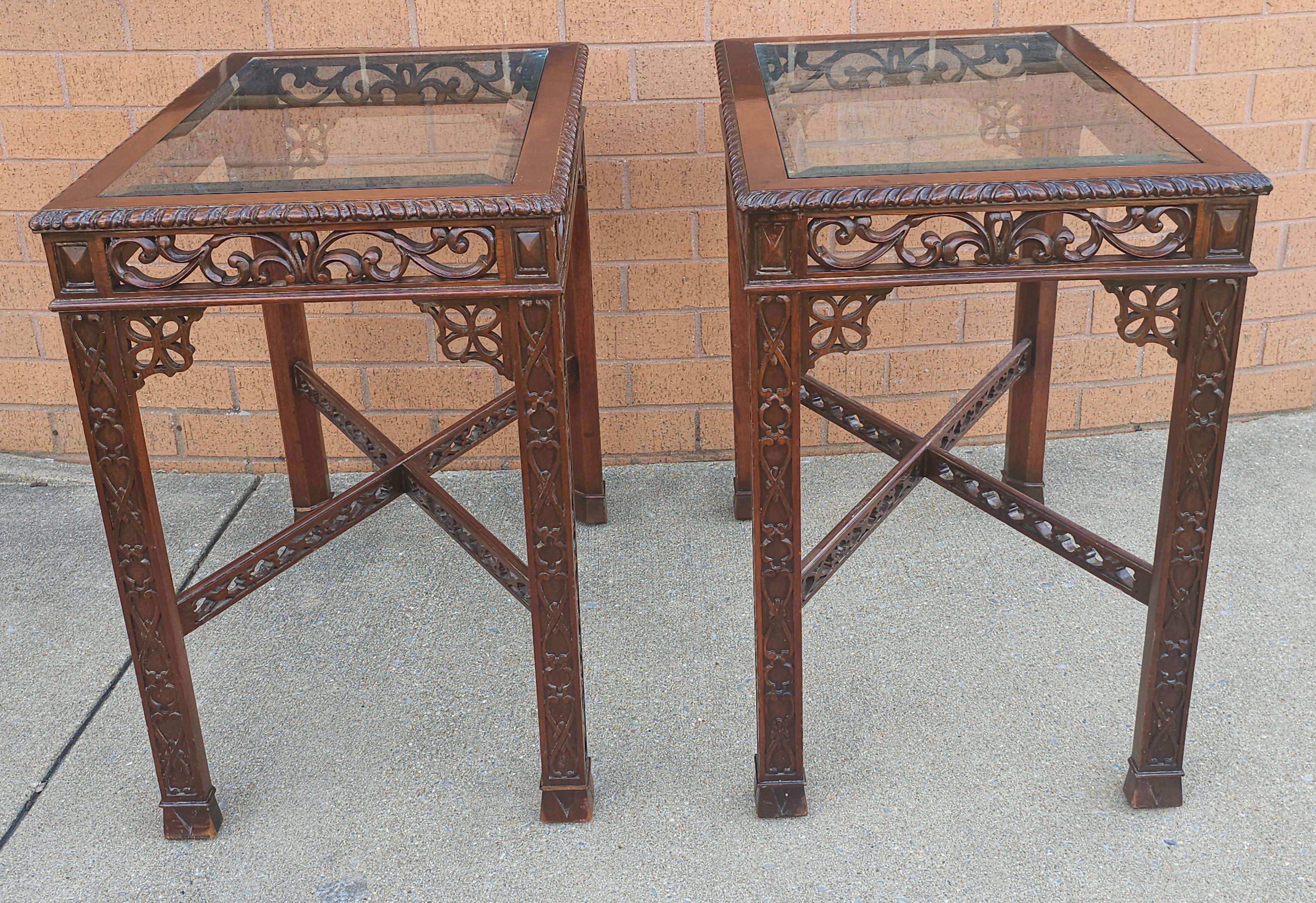 Pair Of Chinese Chippendale Style Fretwork and Glass Inset Mahogany Side Tables For Sale 3