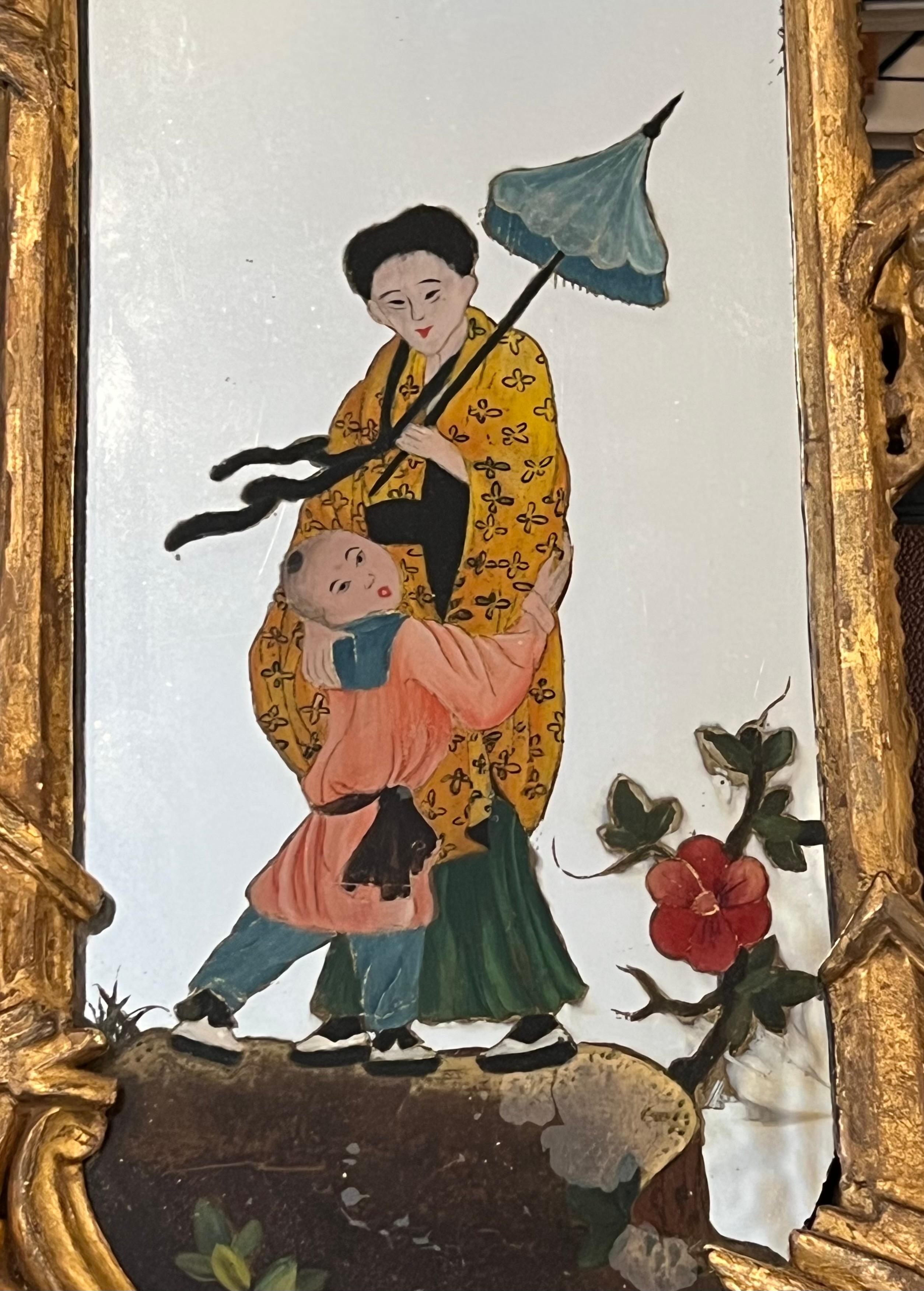 Giltwood A Pair of Chinese Chippendale Style Girandoles with Reverse Painted Decoration For Sale