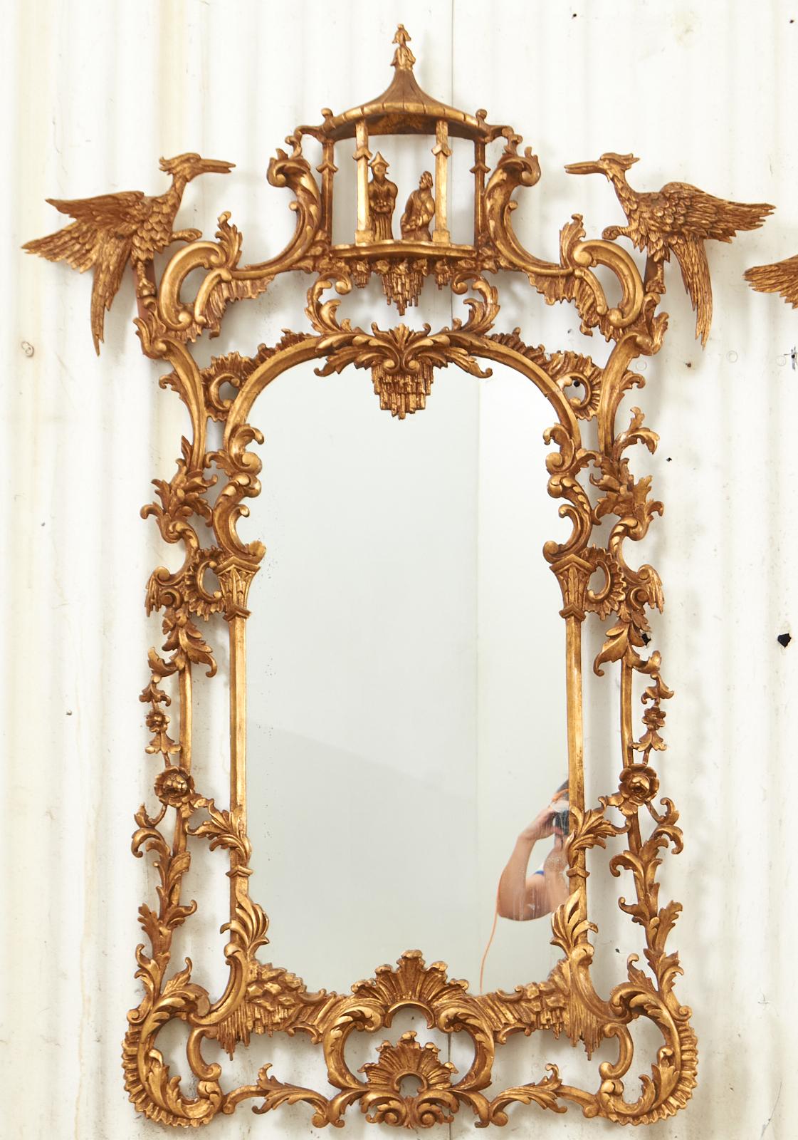 Italian Pair of Chinese Chippendale Style Pagoda Mirrors with Ho Ho Birds