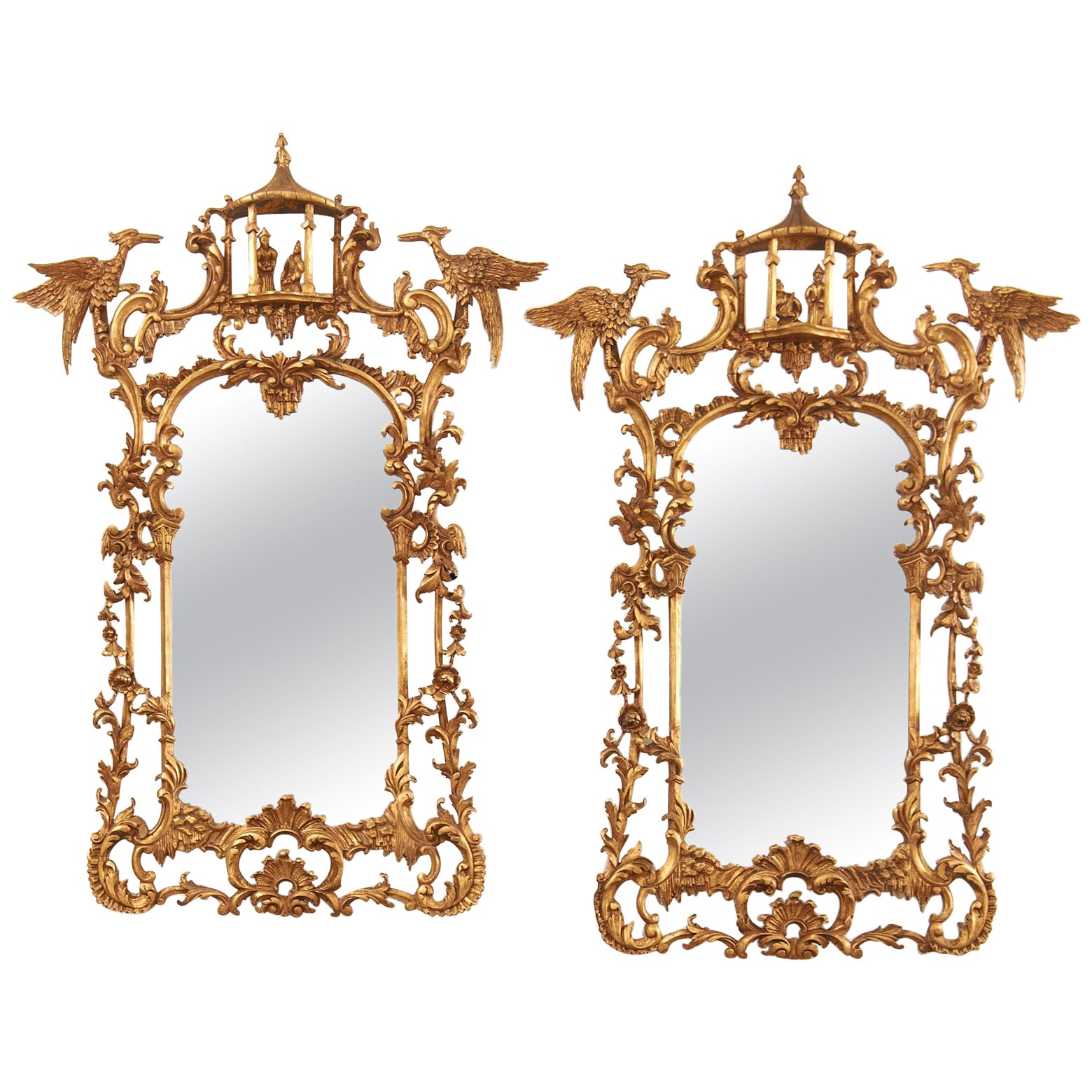 Pair of Chinese Chippendale Style Pagoda Mirrors with Ho Ho Birds