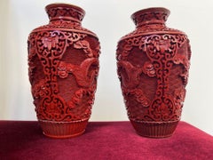 Pair of Chinese Cinnabar Vases with Two Dragons Each