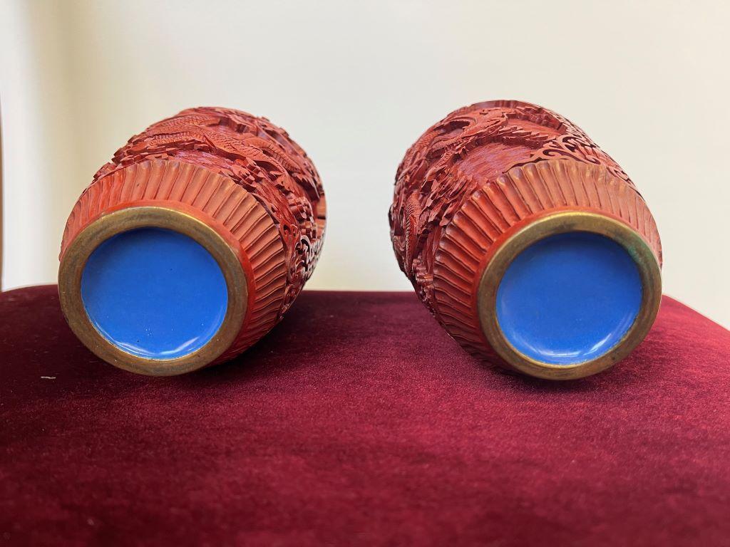 20th Century Pair of Chinese Cinnabar Vases with Two Dragons Each