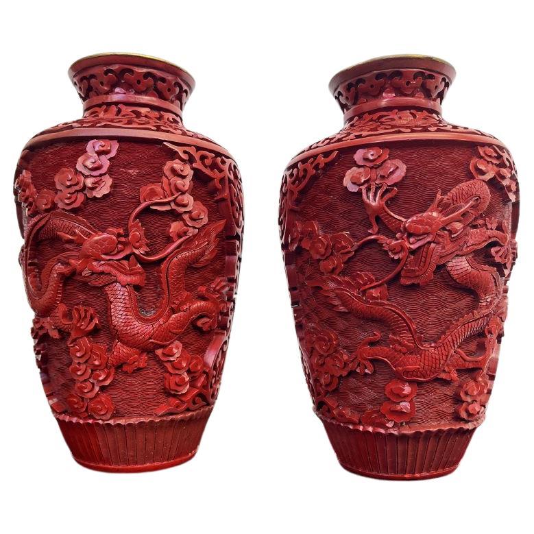 Pair of Chinese Cinnabar Vases with Two Dragons Each For Sale