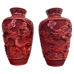 Antique Pair of Chinese Cinnabar Vases with Two Dragons Each