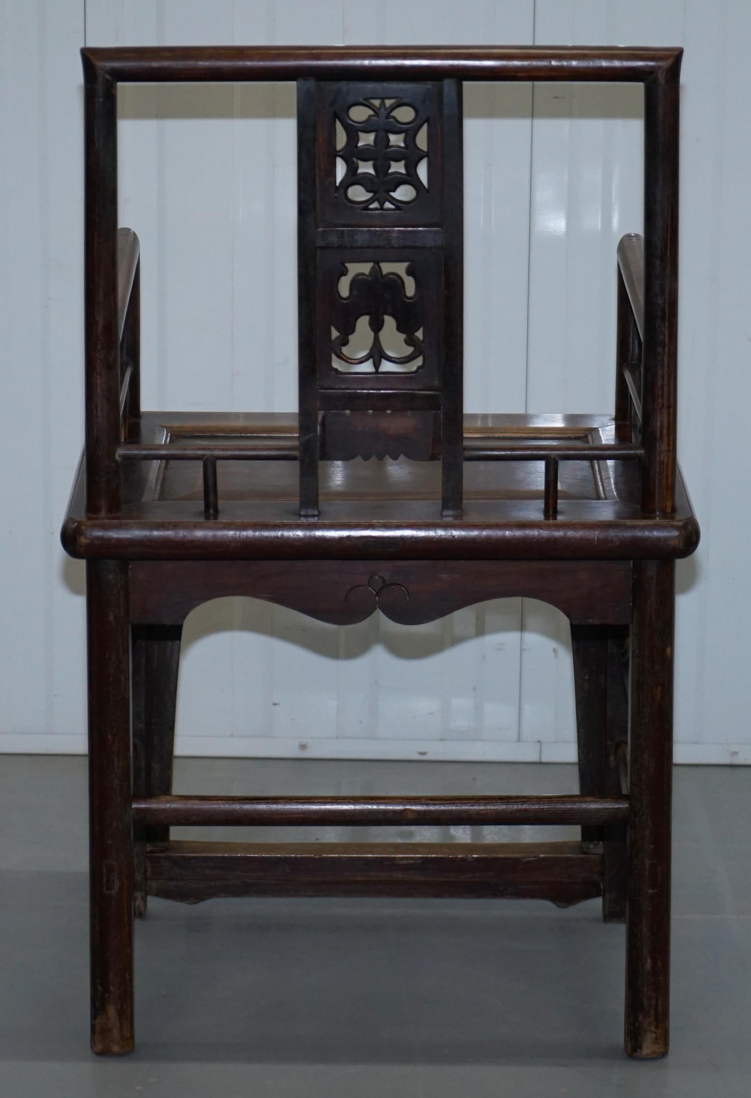 Pair of Chinese circa 1910 Walnut Throne Elbow Armchairs Hand Carved Bats Etc 7