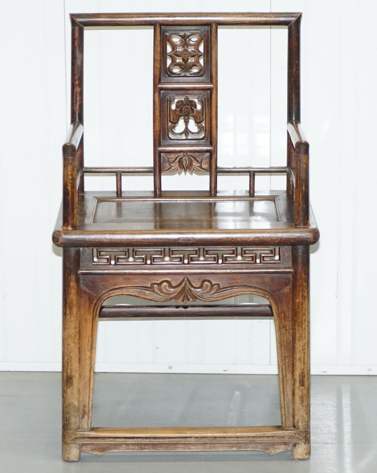 Pair of Chinese circa 1910 Walnut Throne Elbow Armchairs Hand Carved Bats Etc 10