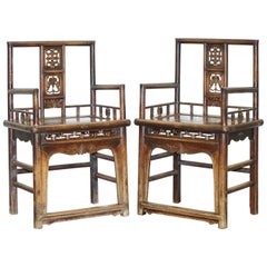 Pair of Chinese circa 1910 Walnut Throne Elbow Armchairs Hand Carved Bats Etc