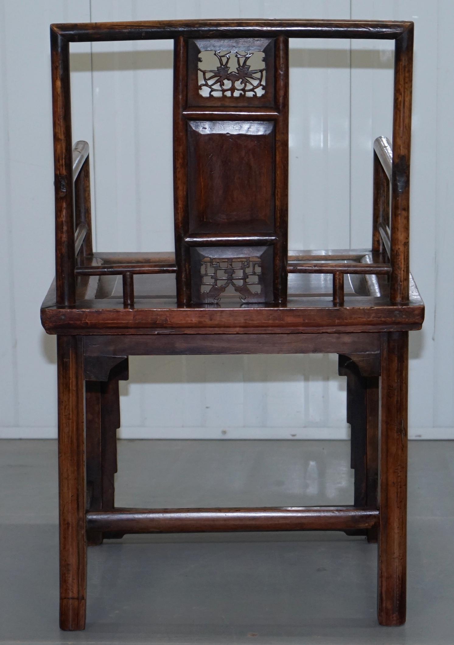 Pair of Chinese circa 1910 Walnut Throne Elbow Armchairs Hand Fretwork Carved 6