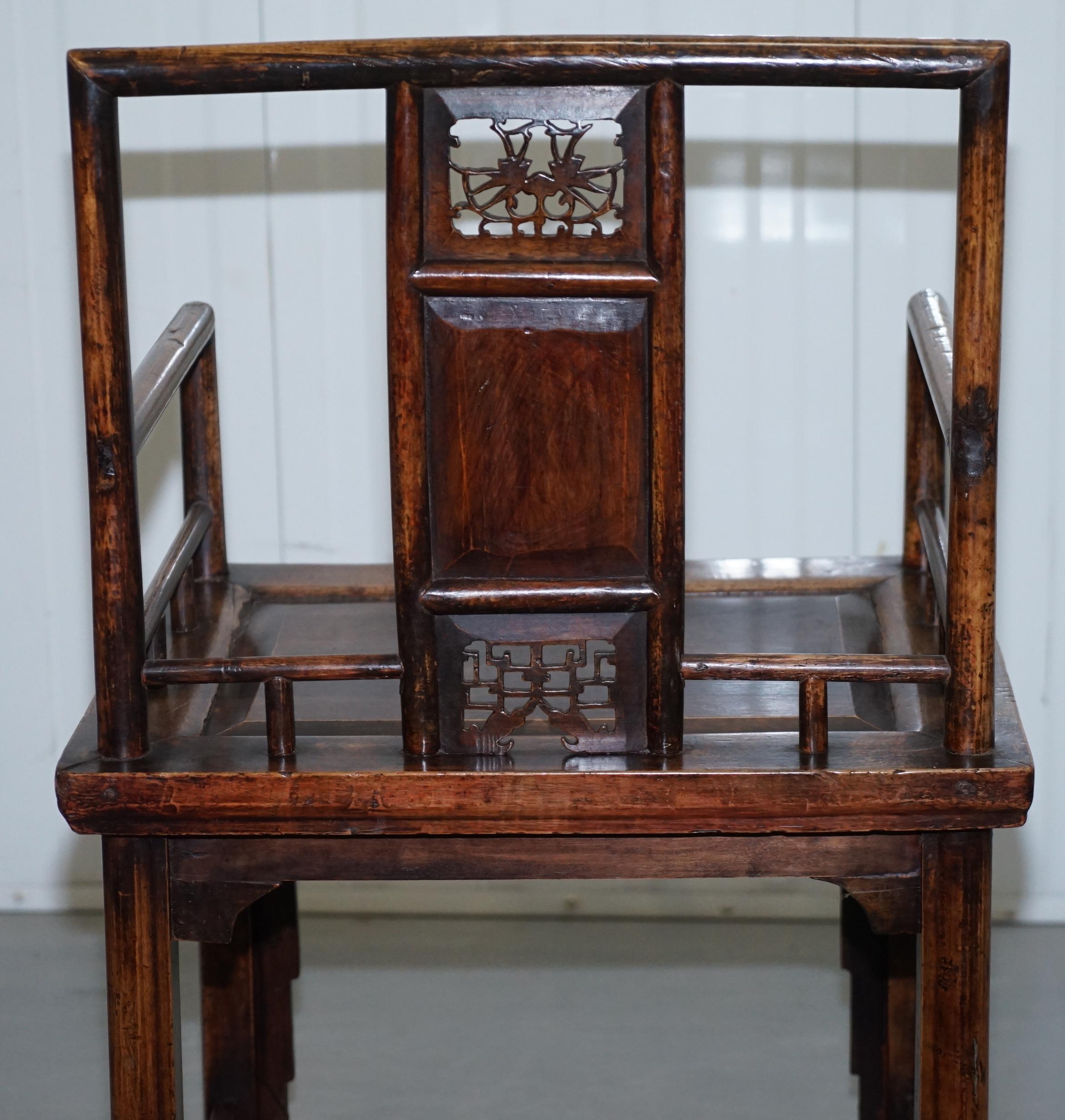 Pair of Chinese circa 1910 Walnut Throne Elbow Armchairs Hand Fretwork Carved 7