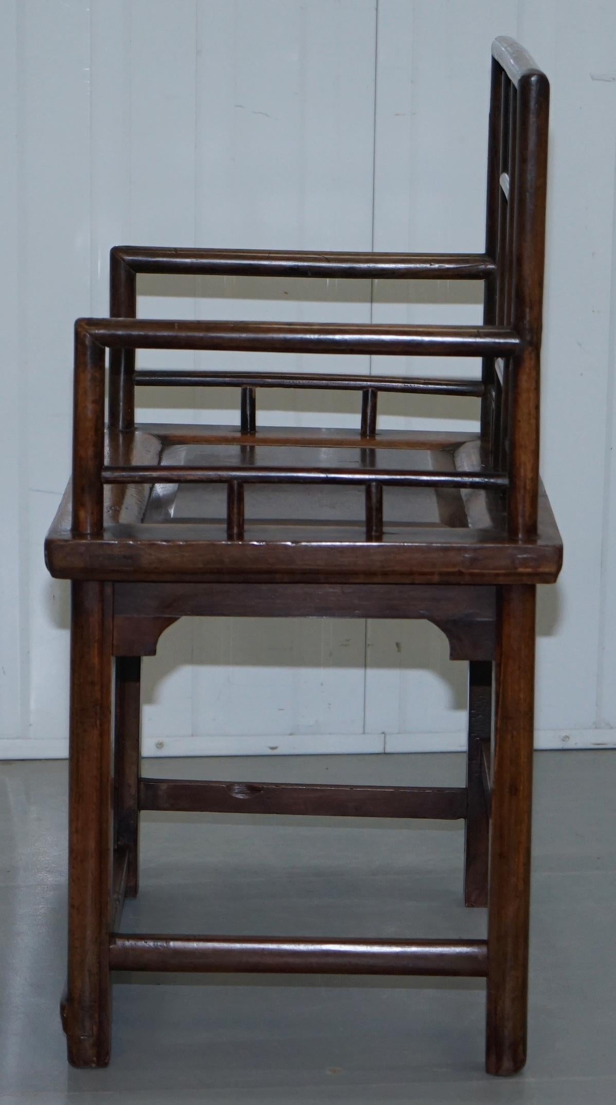 Pair of Chinese circa 1910 Walnut Throne Elbow Armchairs Hand Fretwork Carved 15