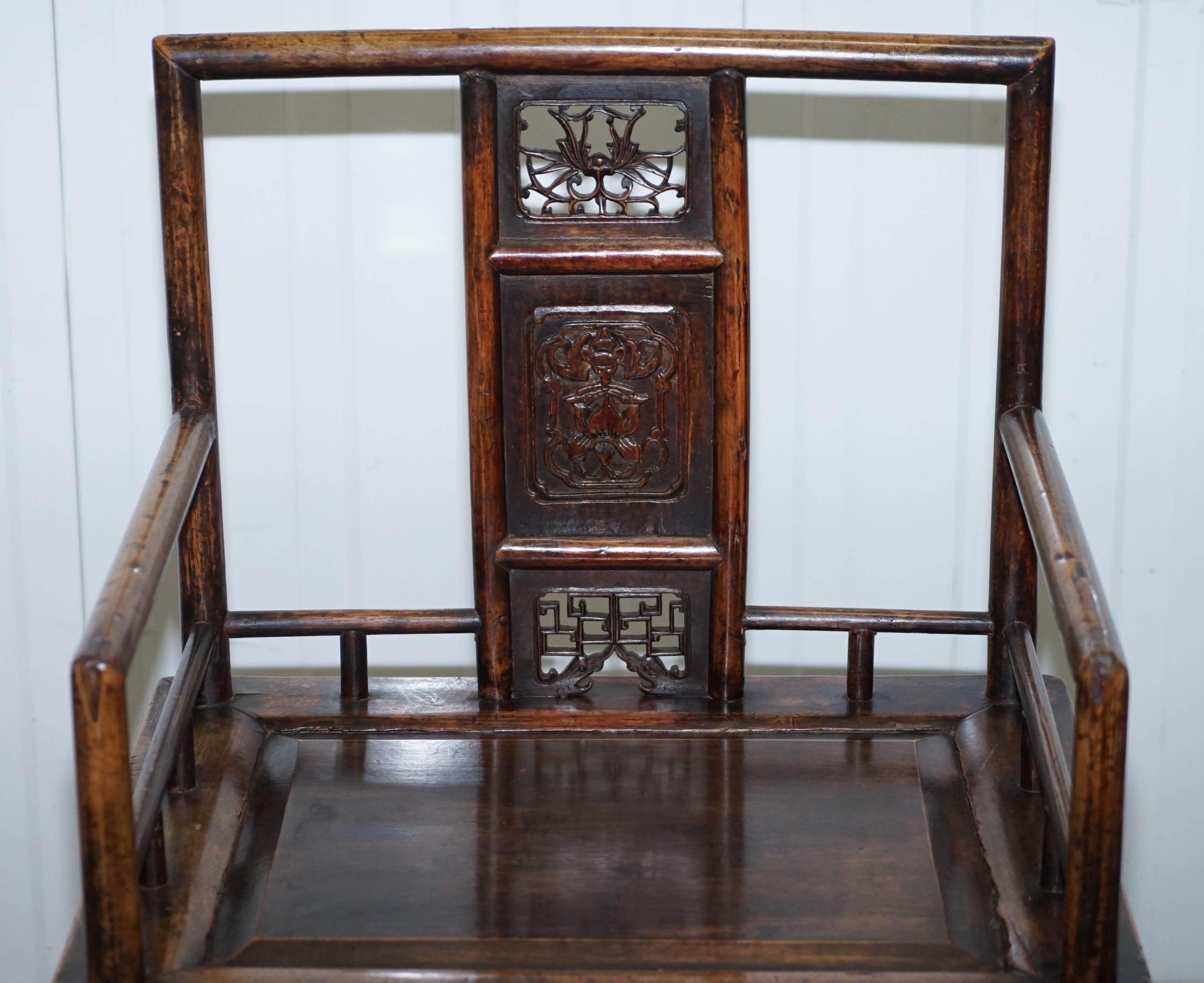 Hand-Carved Pair of Chinese circa 1910 Walnut Throne Elbow Armchairs Hand Fretwork Carved