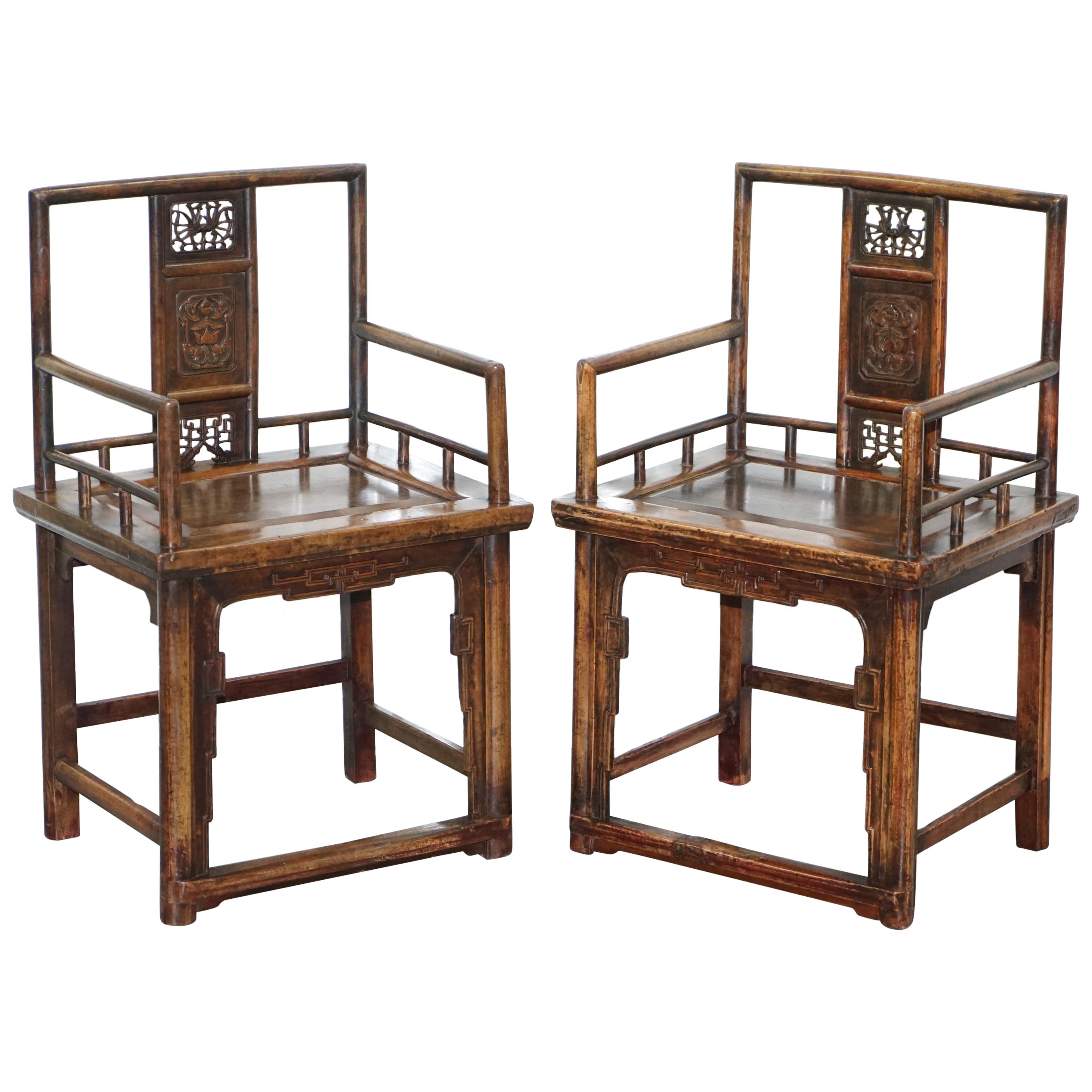 Pair of Chinese circa 1910 Walnut Throne Elbow Armchairs Hand Fretwork Carved