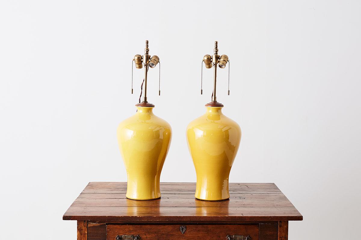 Pair of Chinese Citron Yellow Porcelain Vase Lamps 4
