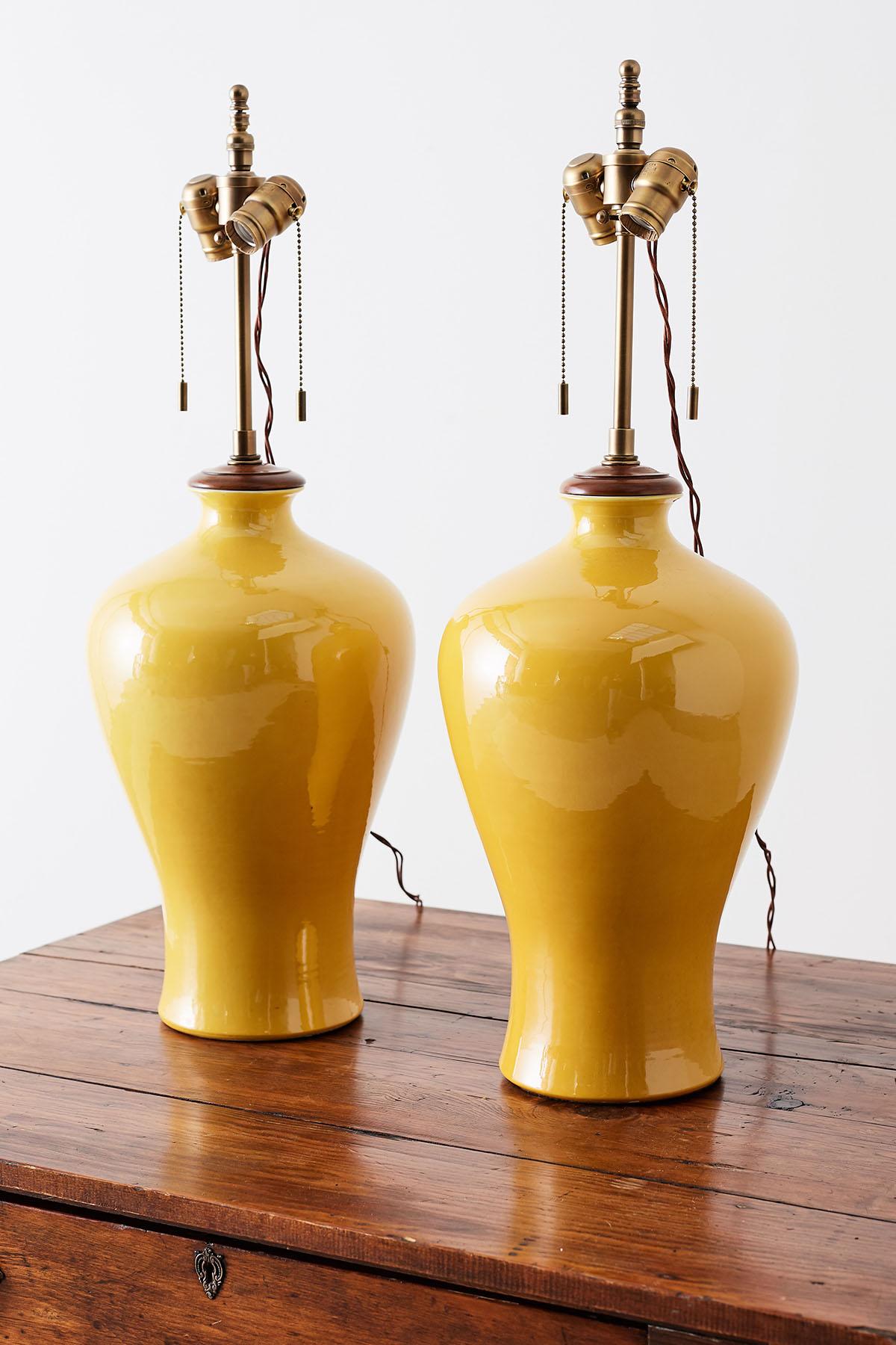 Mid-Century Modern Pair of Chinese Citron Yellow Porcelain Vase Lamps