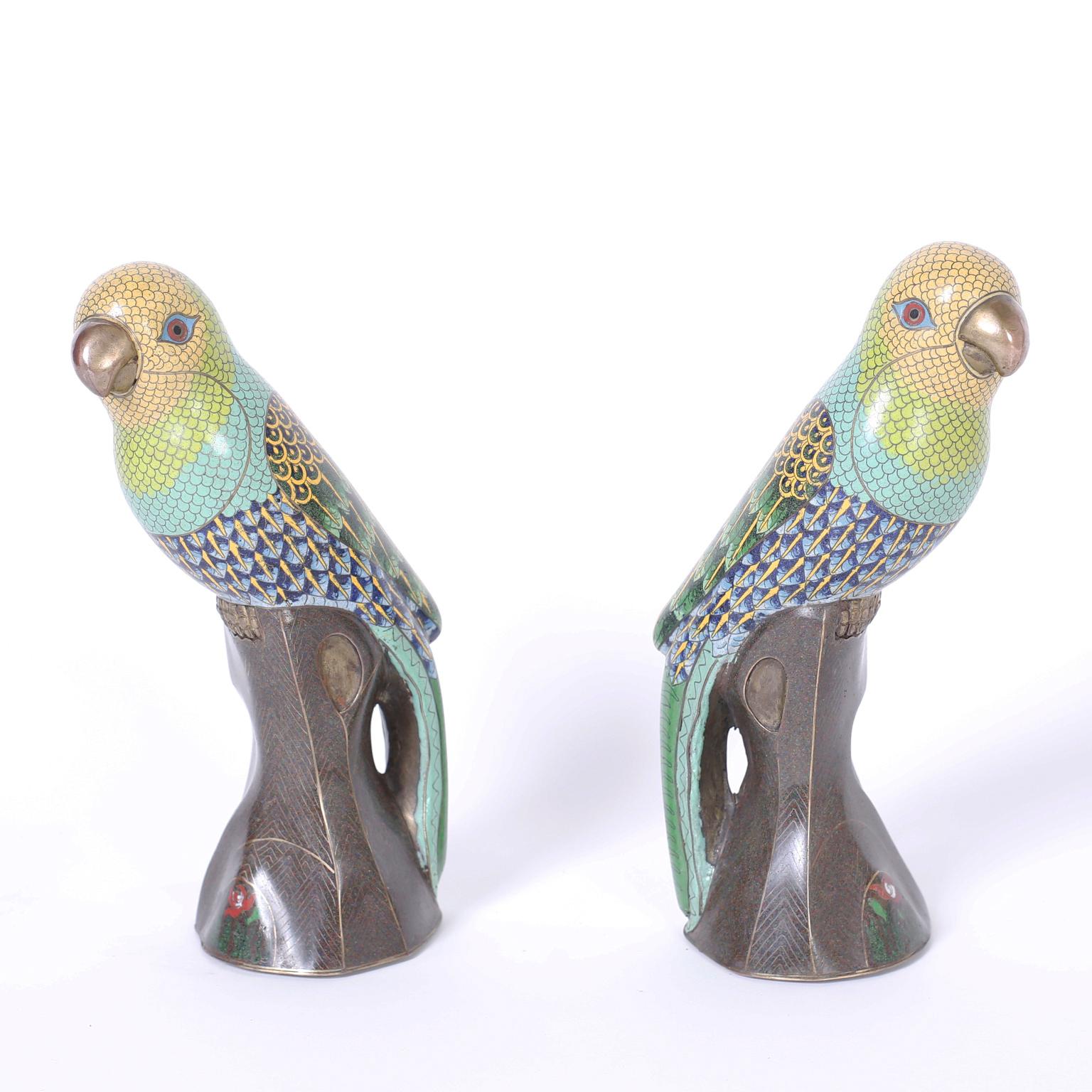 Amusing pair of Chinese cloisonné parakeets or budgies with colorful plumage and humorous expressions.
