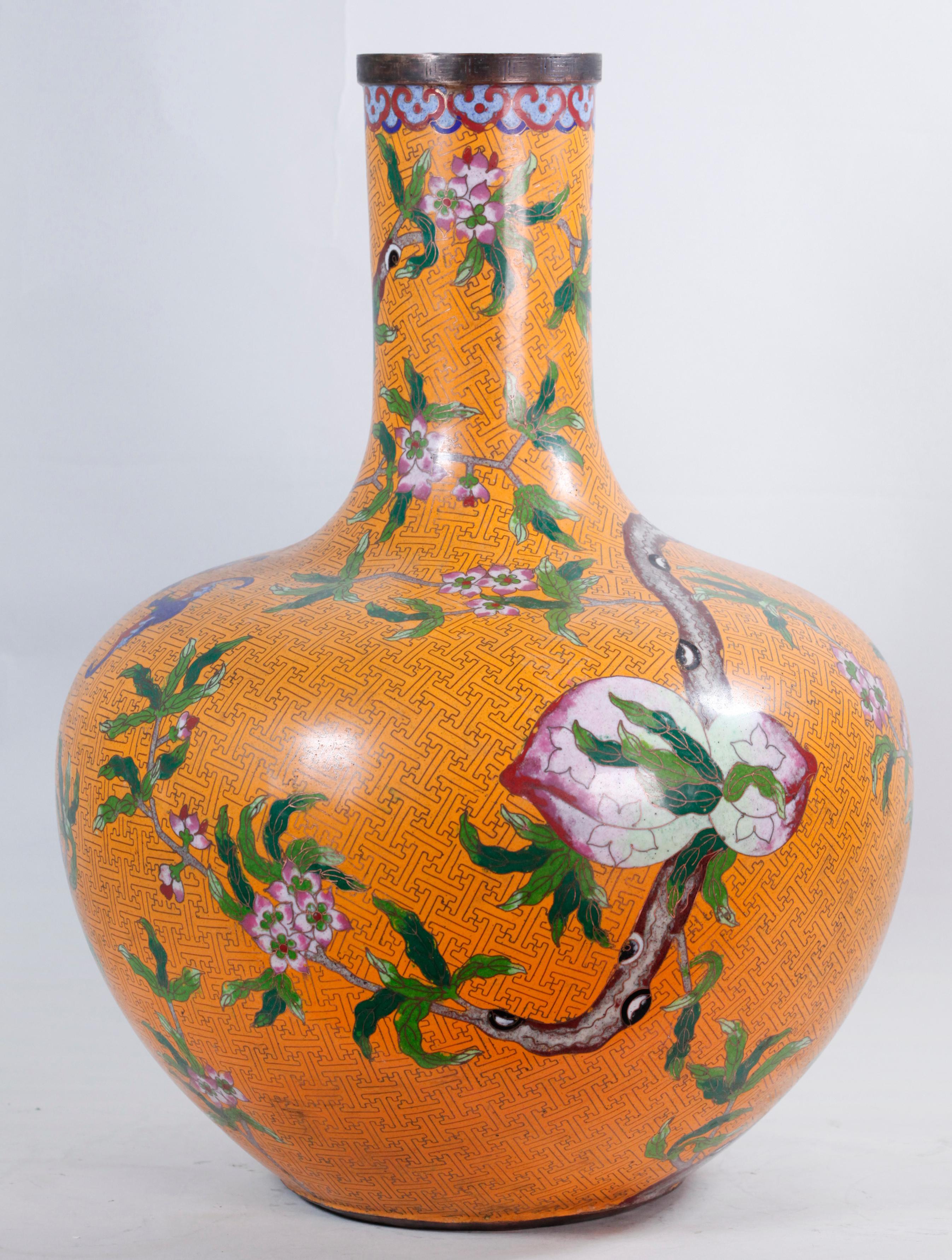 Metal Pair of Chinese Cloisonné Bottle Vases For Sale