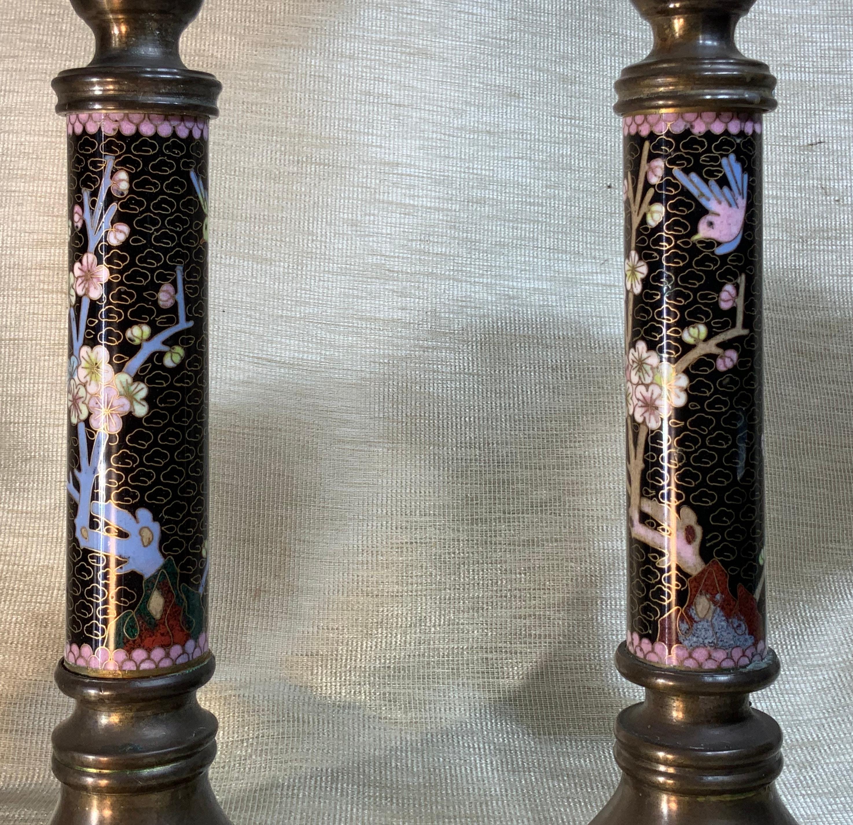 Pair of Chinese Cloisonné Candleholders In Good Condition For Sale In Delray Beach, FL