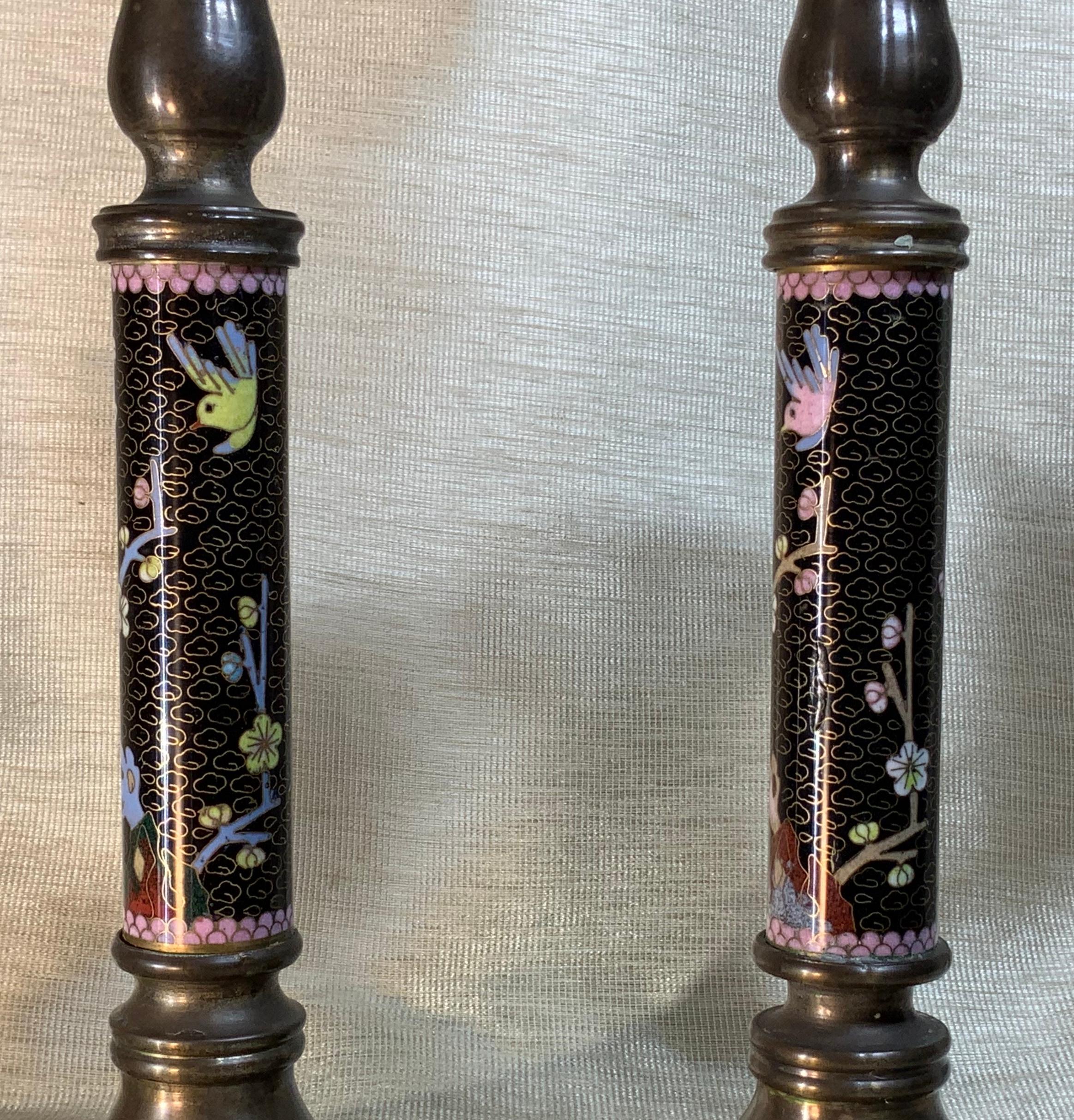 Mid-20th Century Pair of Chinese Cloisonné Candleholders For Sale