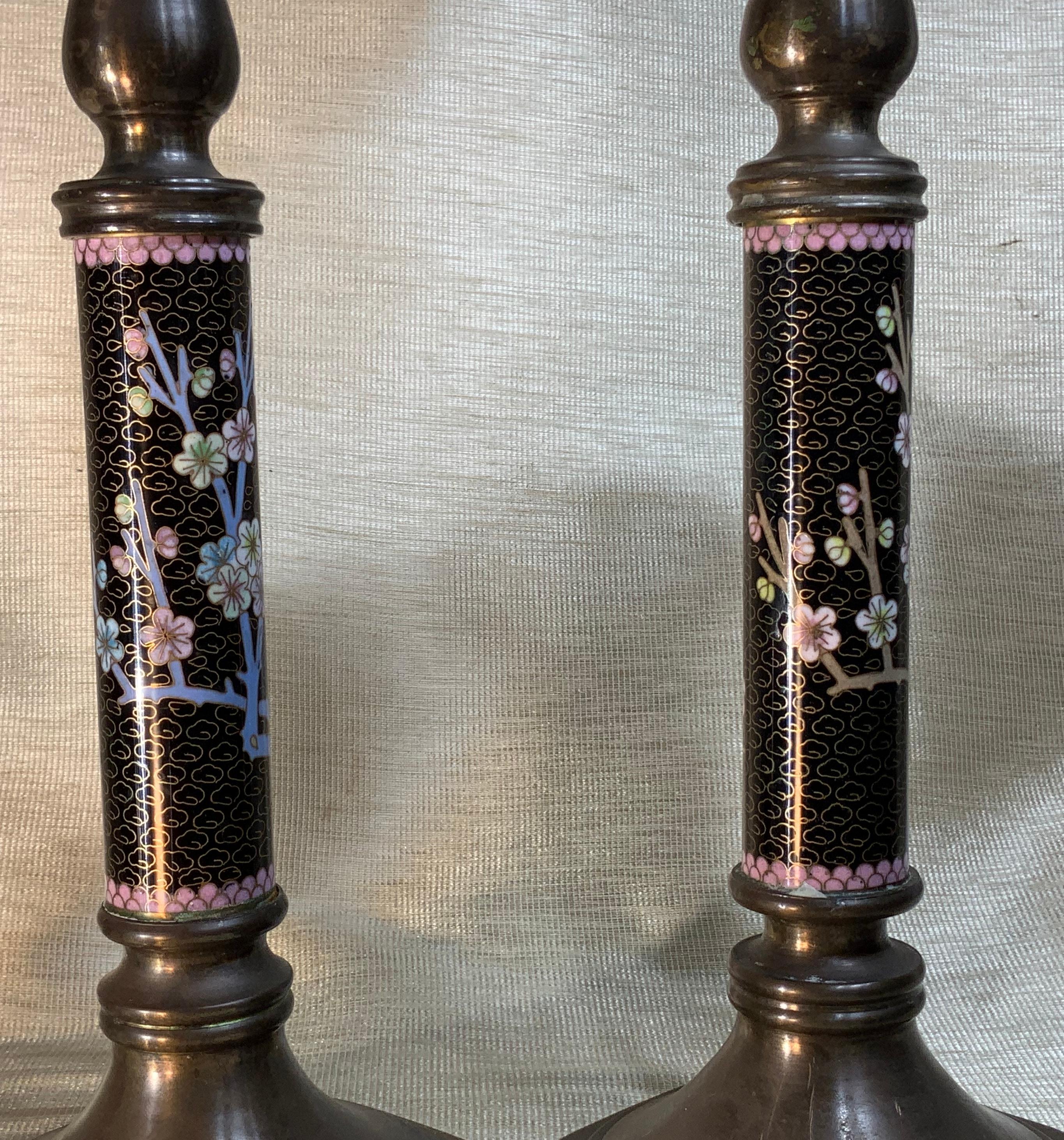 Copper Pair of Chinese Cloisonné Candleholders For Sale
