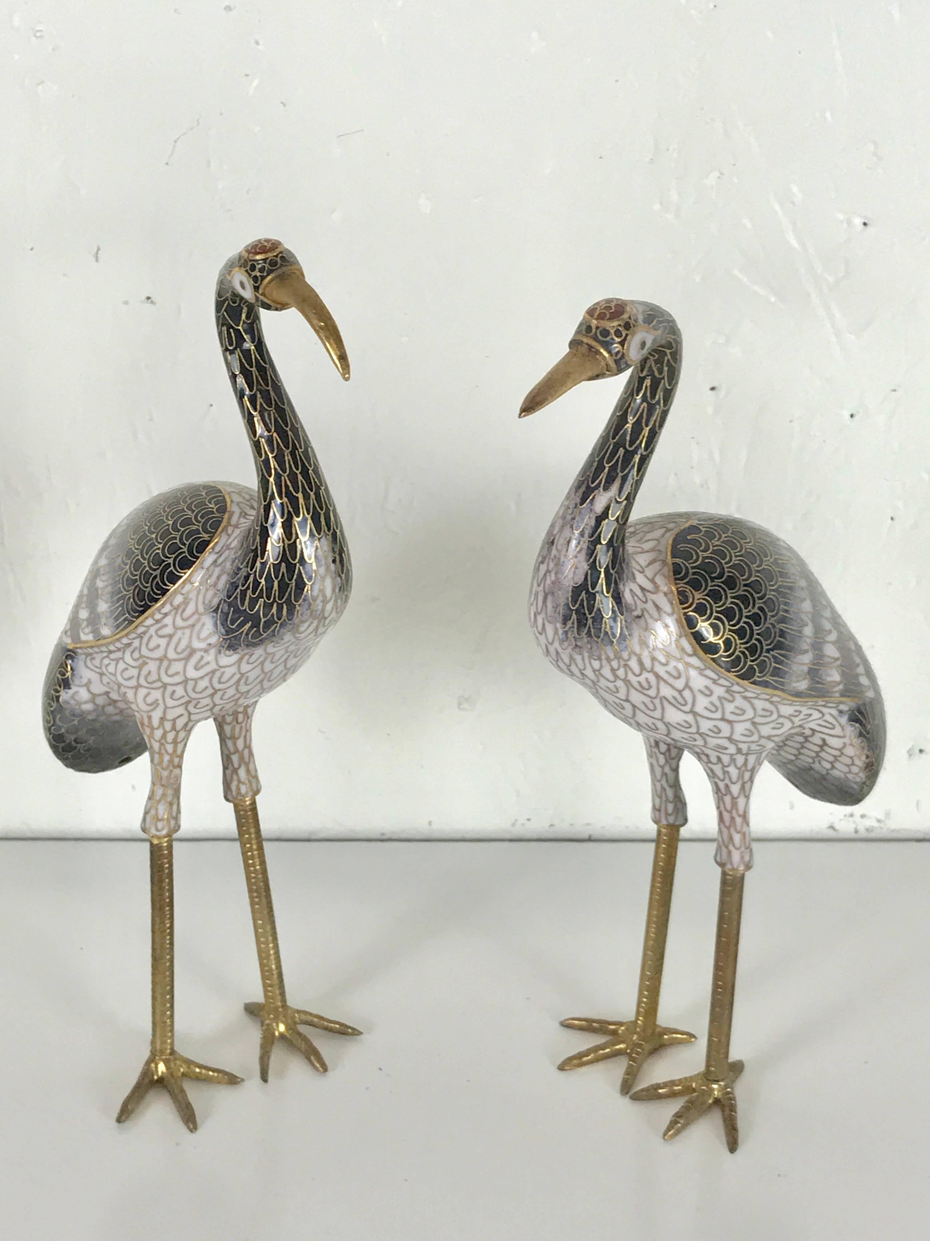 Metal Pair of Chinese Cloisonné Cranes For Sale