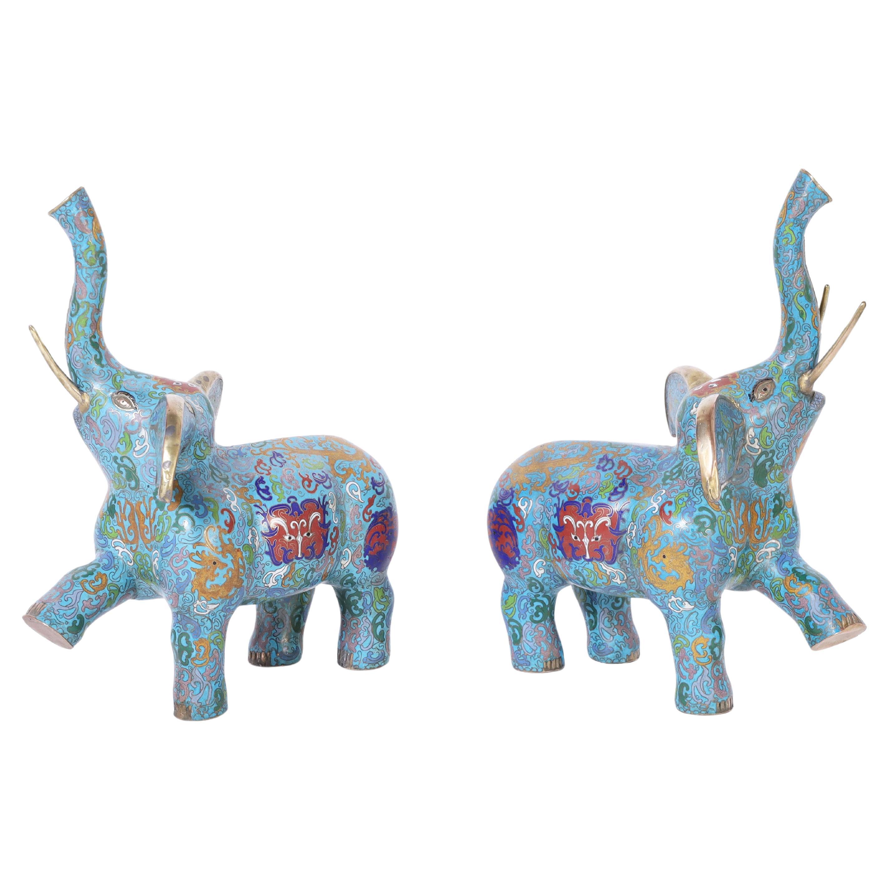 Pair of Chinese Cloisonne Dancing Elephants