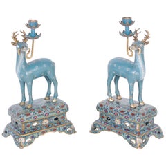 Pair of Chinese Cloisonné Deer Candleholders