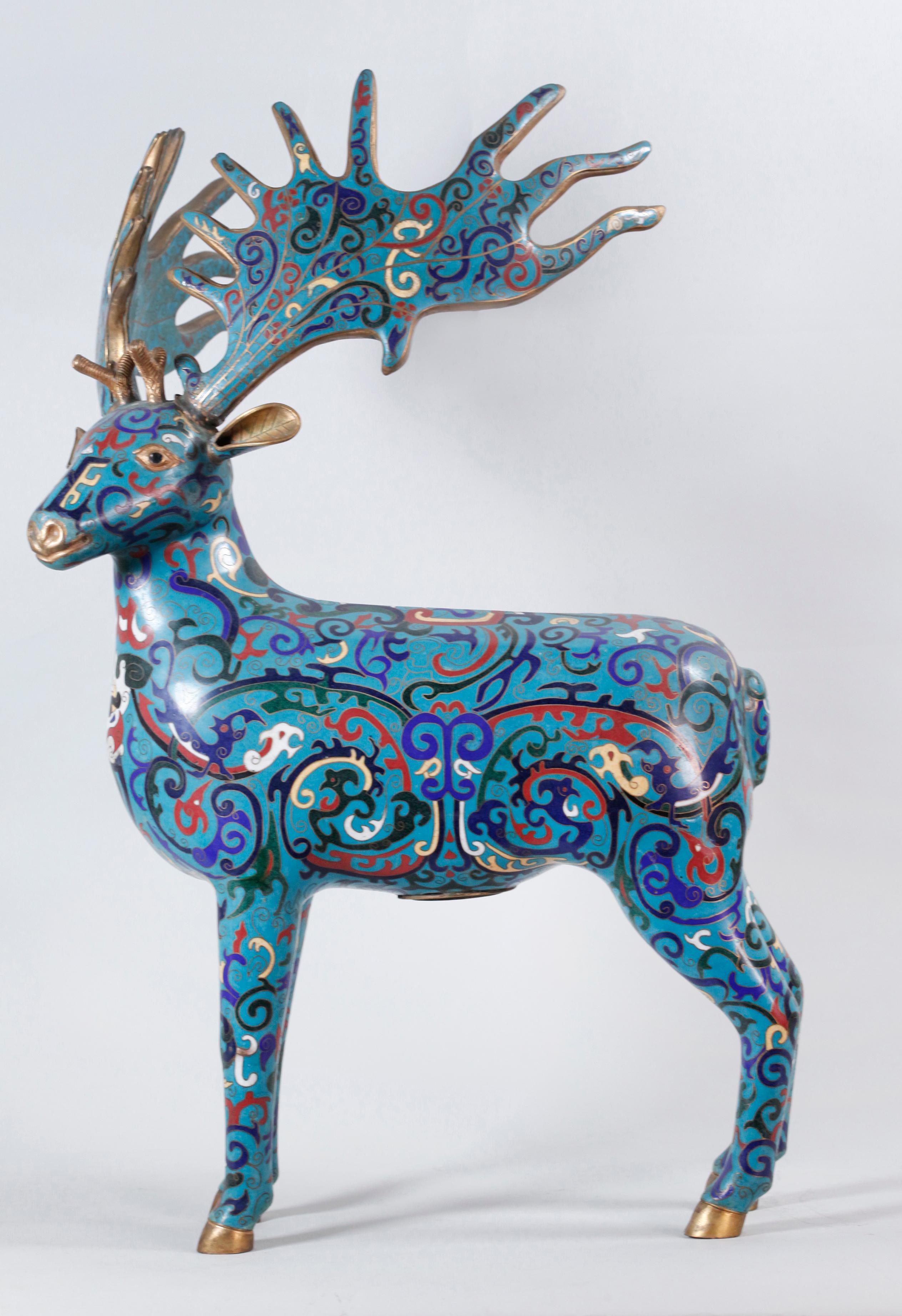 Metal Pair of Chinese Cloisonné Deer For Sale