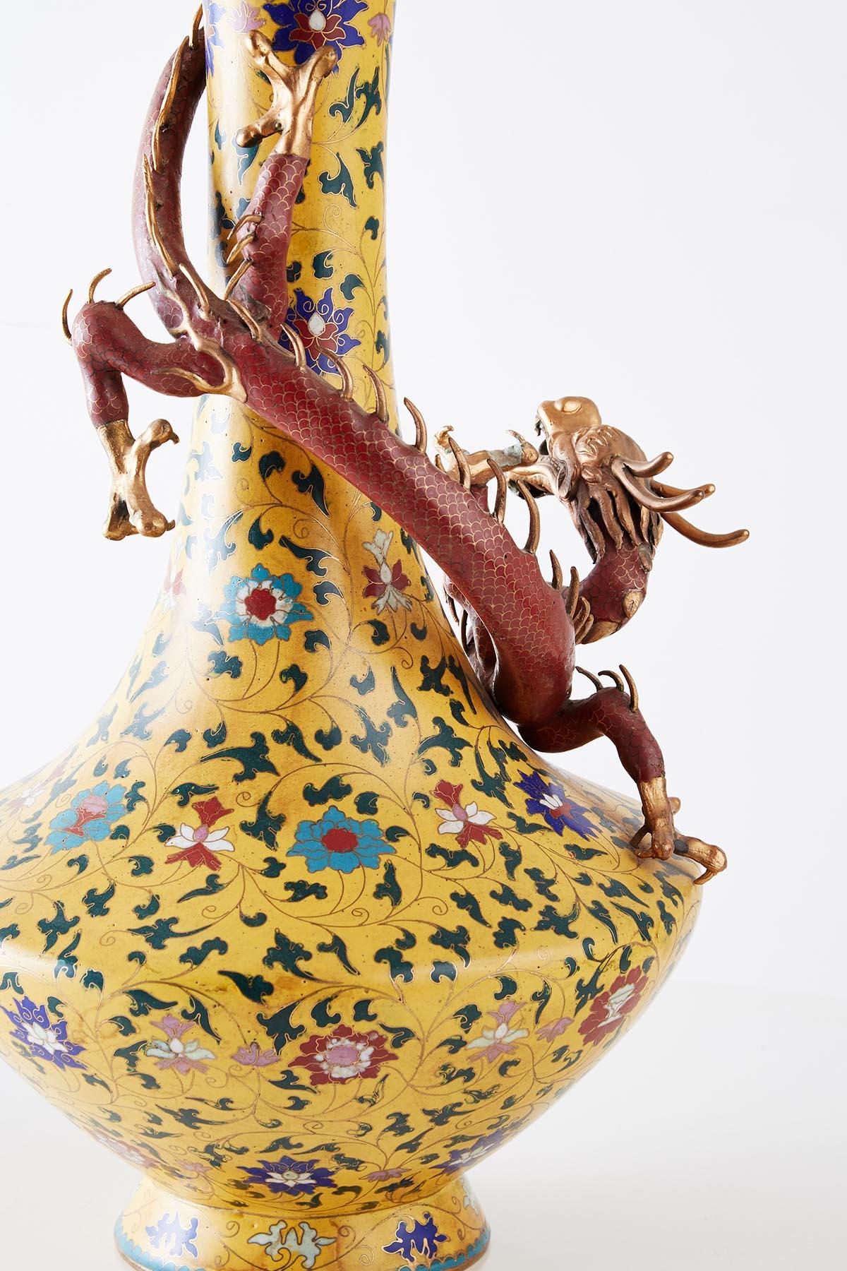 Pair of Chinese Cloisonné Dragon Mounted Yellow Vases 2