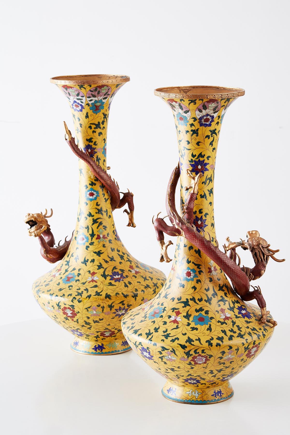 Pair of Chinese Cloisonné Dragon Mounted Yellow Vases 6