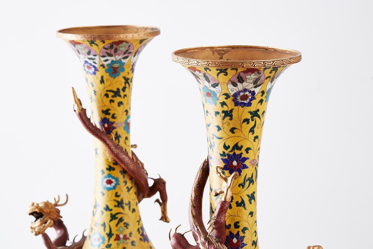Pair of Chinese Cloisonné Dragon Mounted Yellow Vases 7