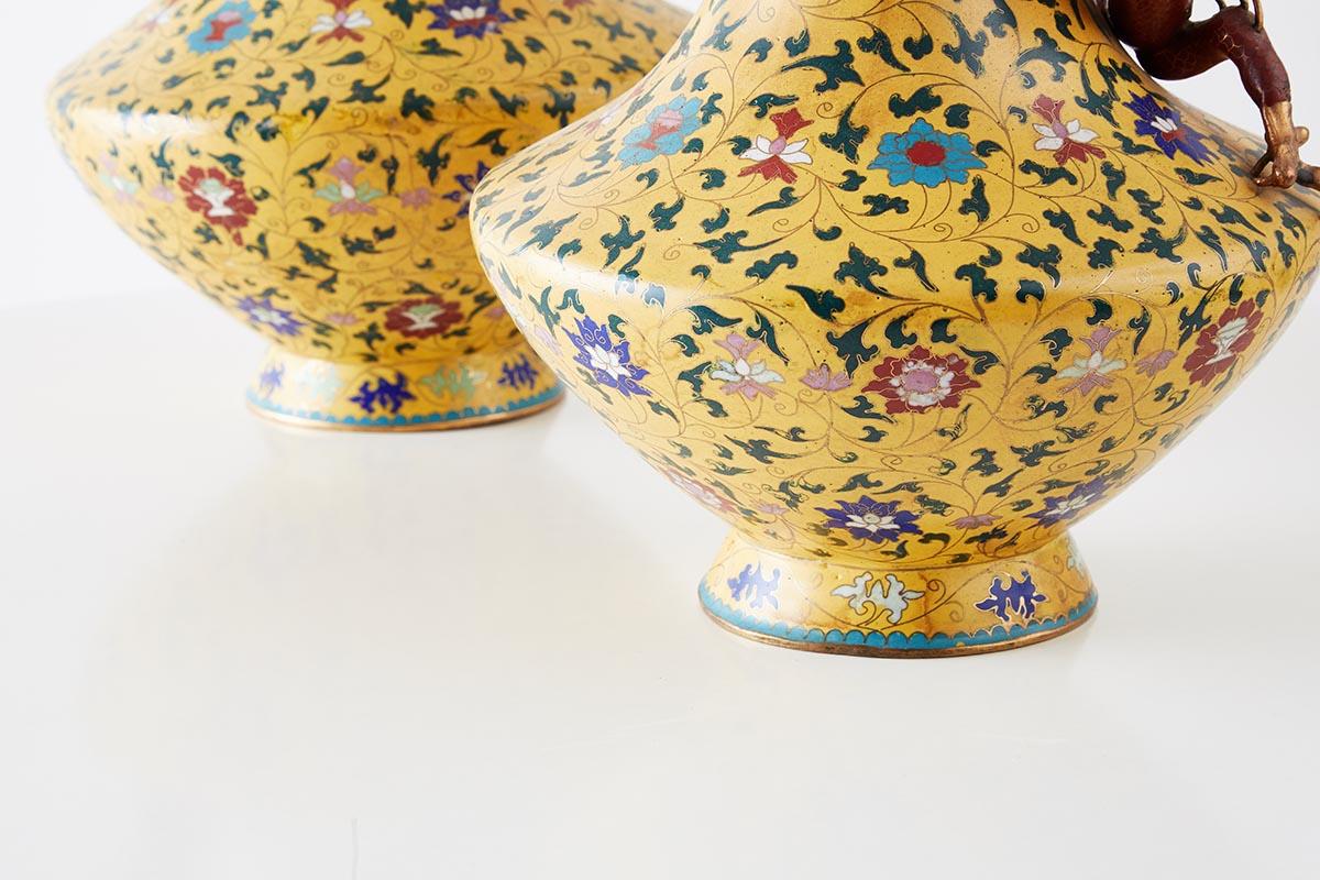 Pair of Chinese Cloisonné Dragon Mounted Yellow Vases 8