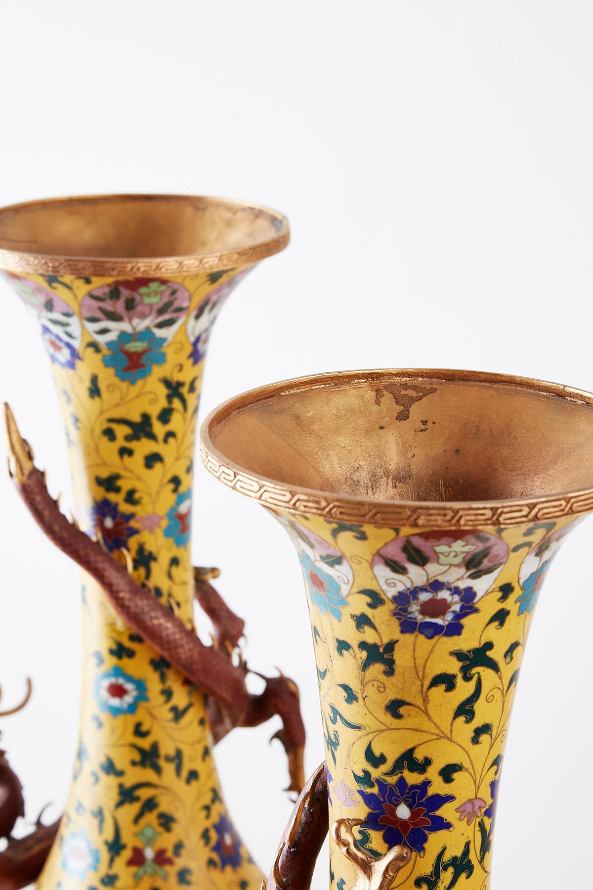 Pair of Chinese Cloisonné Dragon Mounted Yellow Vases 10