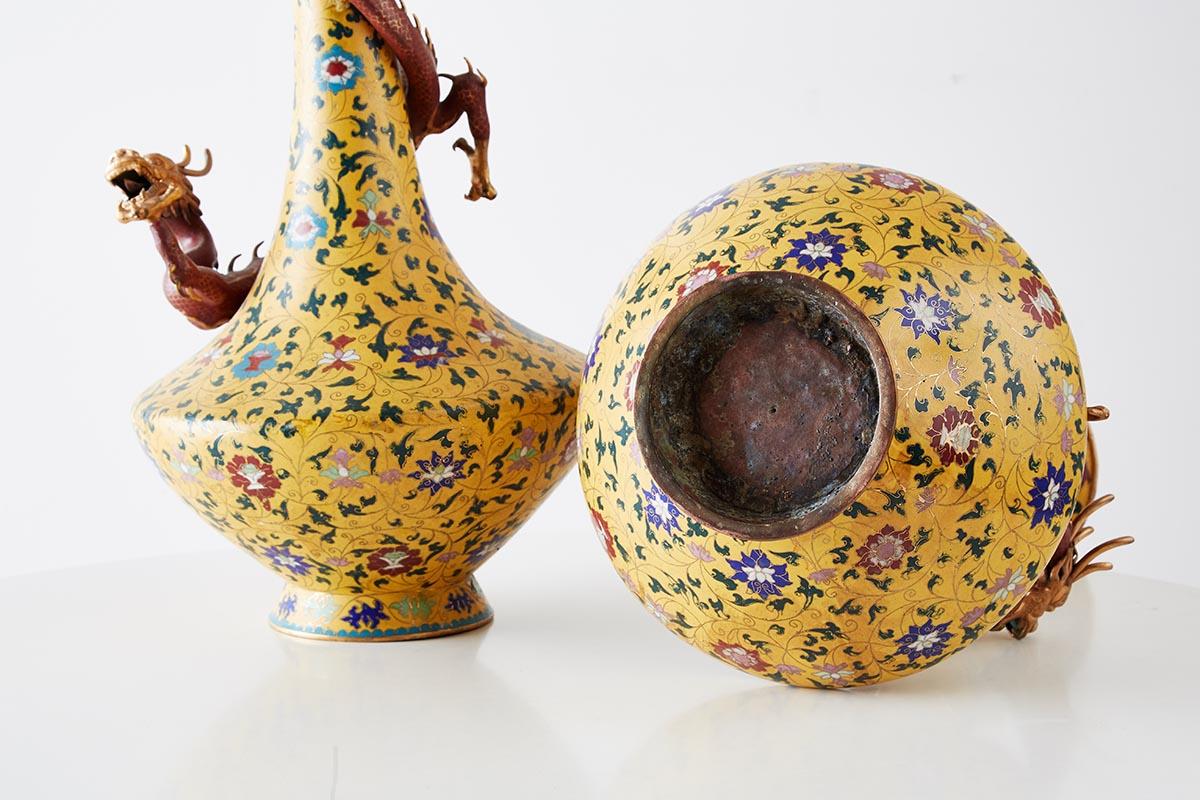 Pair of Chinese Cloisonné Dragon Mounted Yellow Vases 11