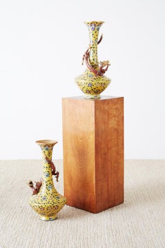 Pair of Chinese Cloisonné Dragon Mounted Yellow Vases