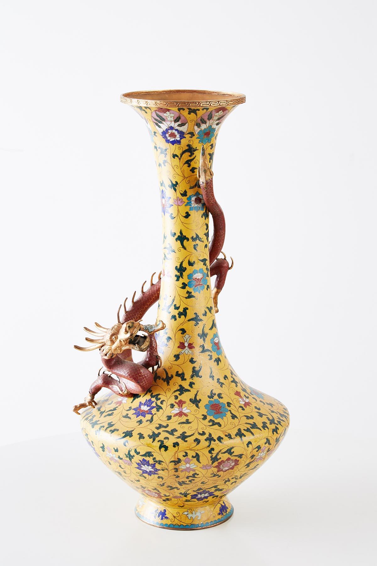 Qing Pair of Chinese Cloisonné Dragon Mounted Yellow Vases