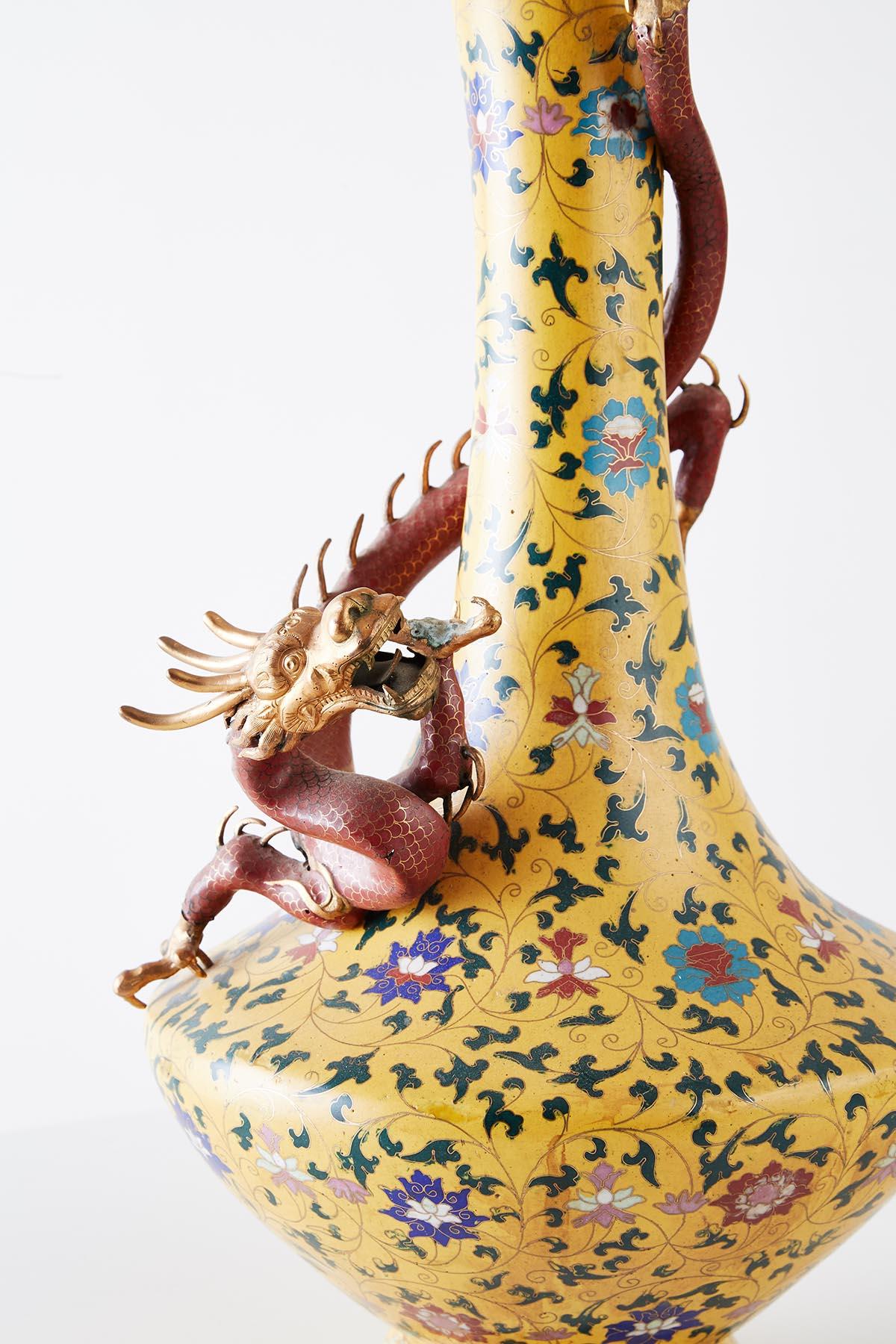 Cloissoné Pair of Chinese Cloisonné Dragon Mounted Yellow Vases