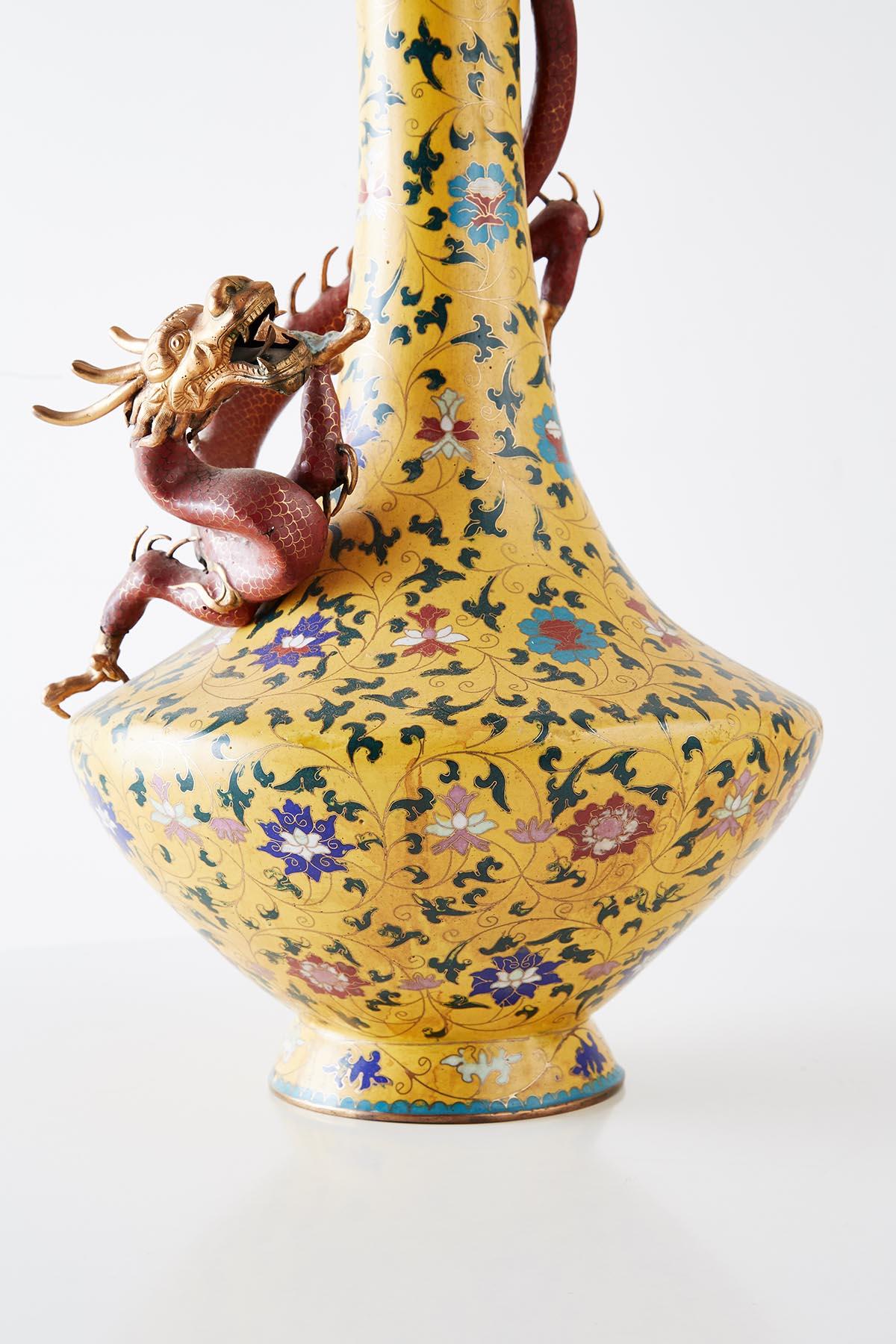 20th Century Pair of Chinese Cloisonné Dragon Mounted Yellow Vases