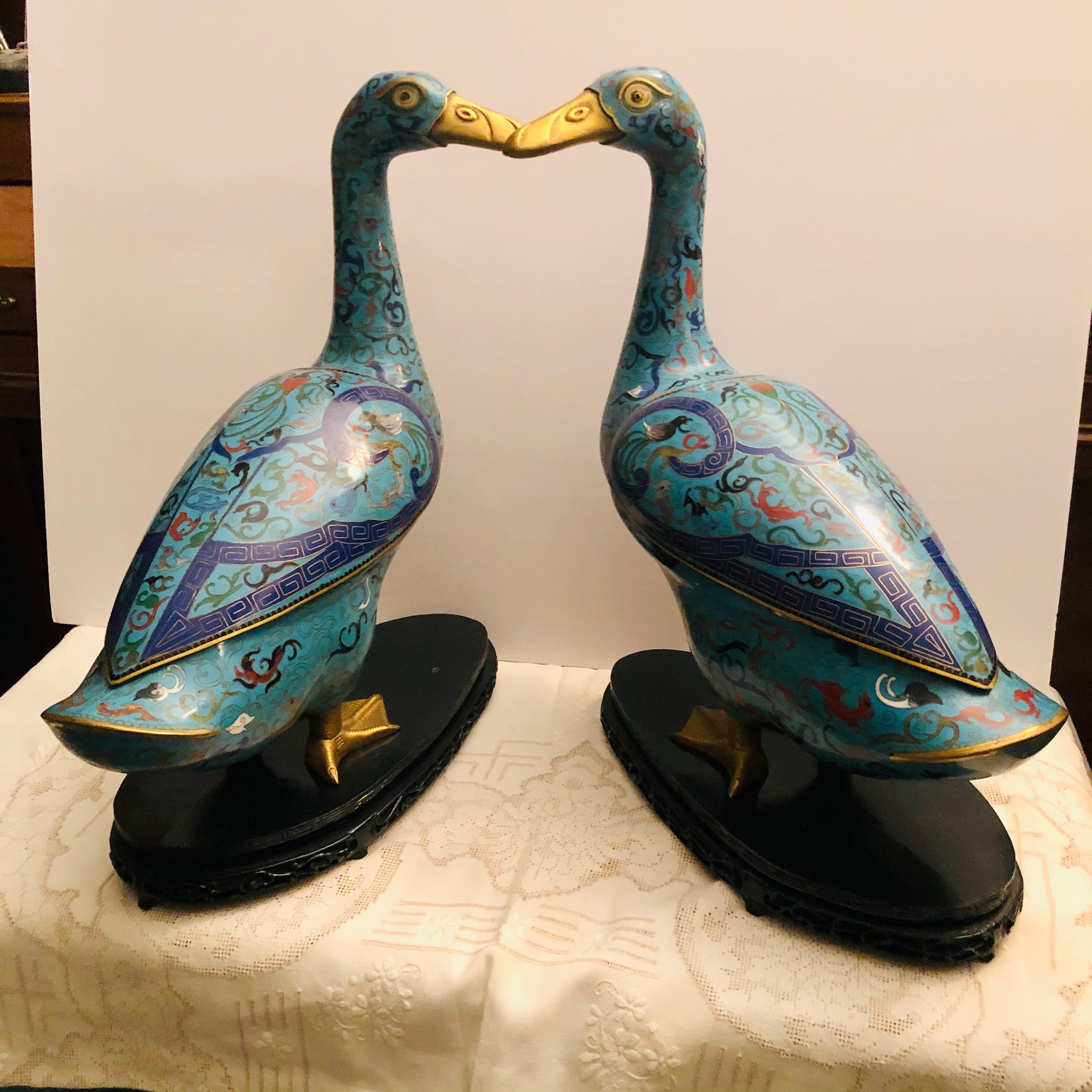 Chinoiserie Pair of Chinese Cloisonné Ducks