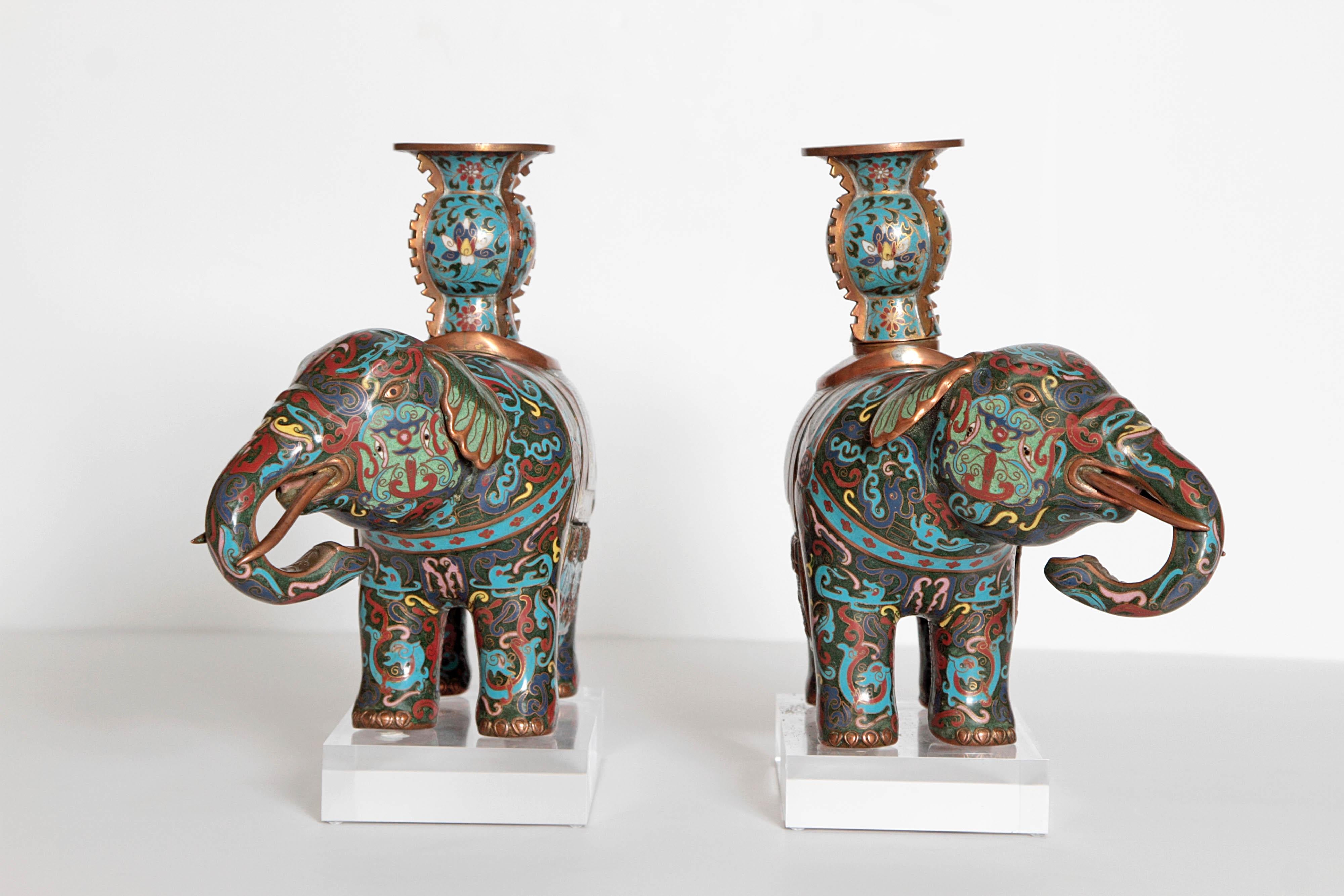 Hollywood Regency Pair of Chinese Cloisonne Elephants