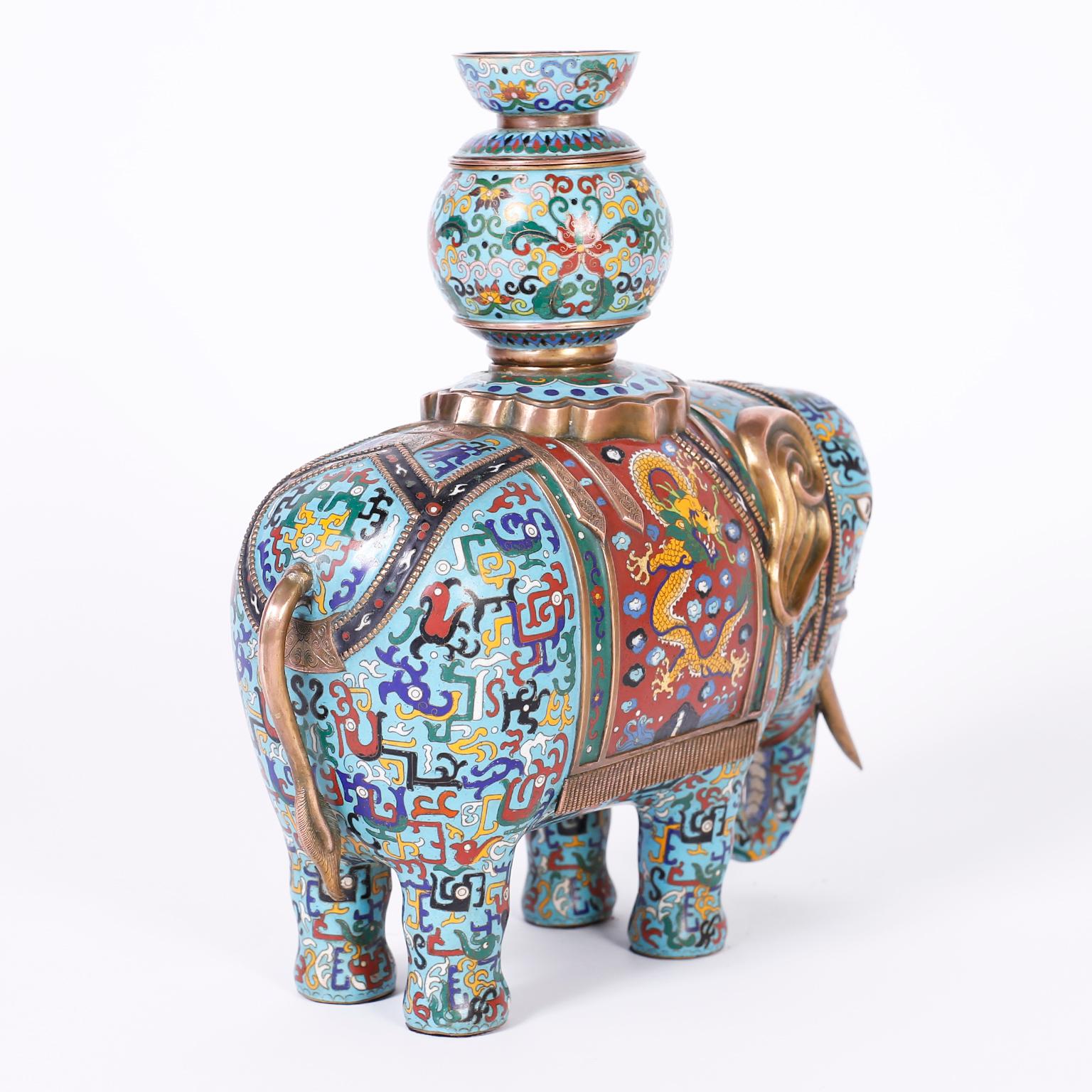 Metal Pair of Chinese Cloisonné Elephants