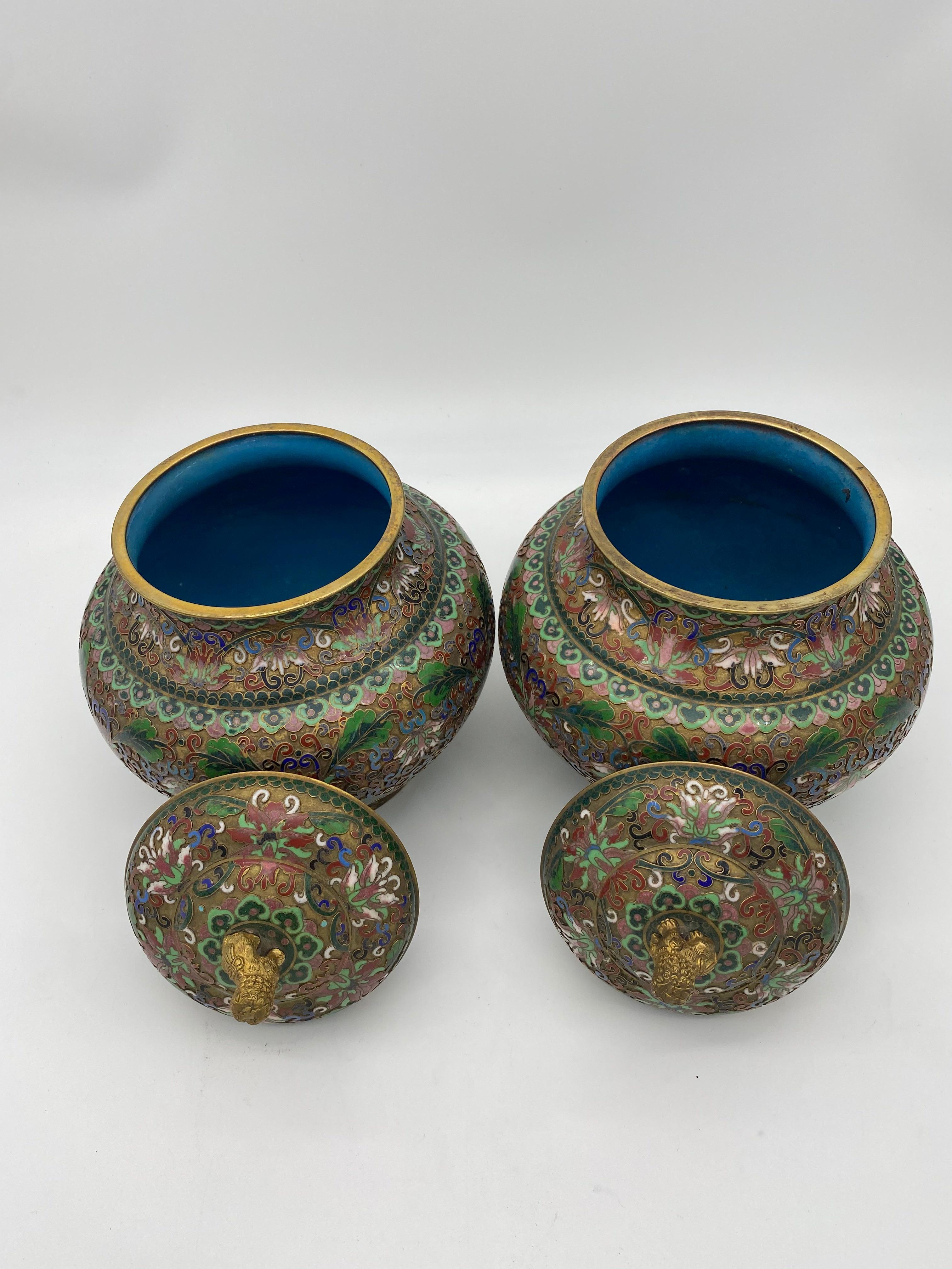 Chinese Export Pair of Chinese Cloisonné Enamel Lidded Open Work Ginger Jars