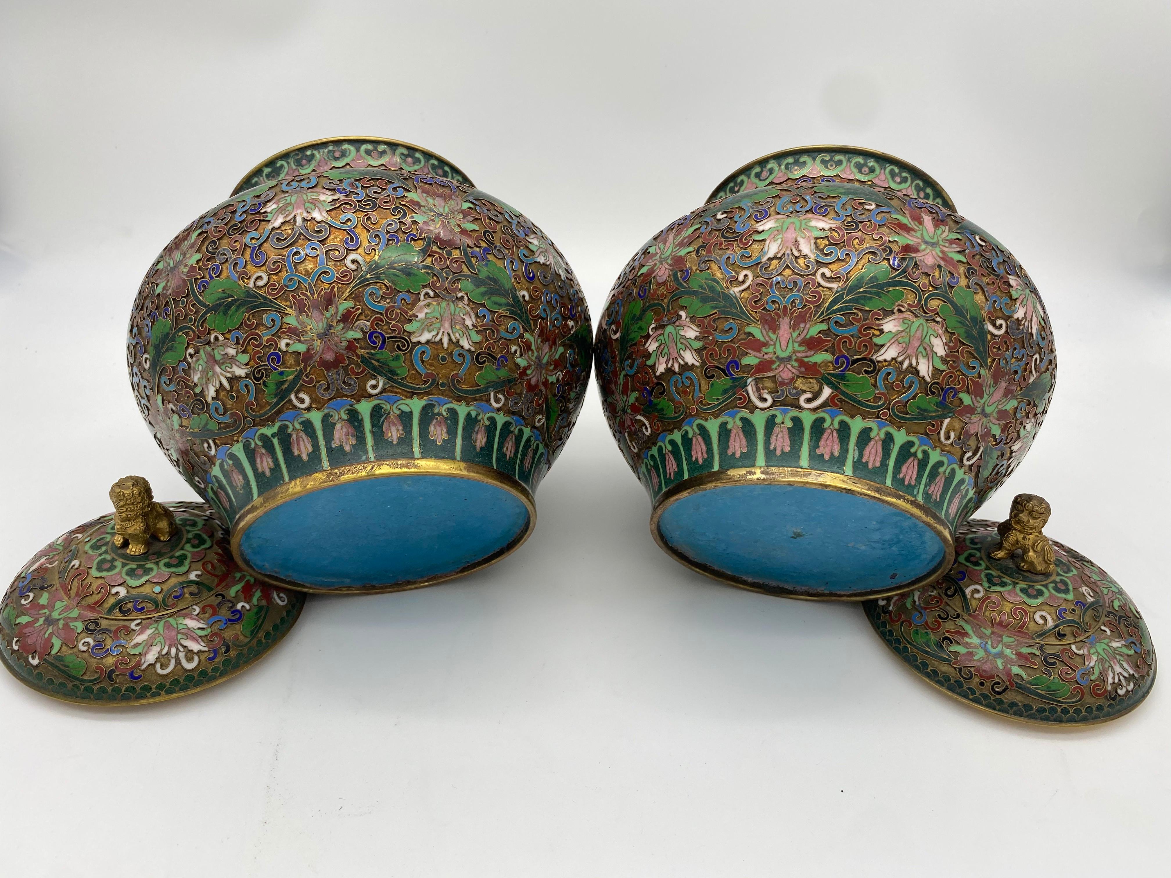 Bronzed Pair of Chinese Cloisonné Enamel Lidded Open Work Ginger Jars