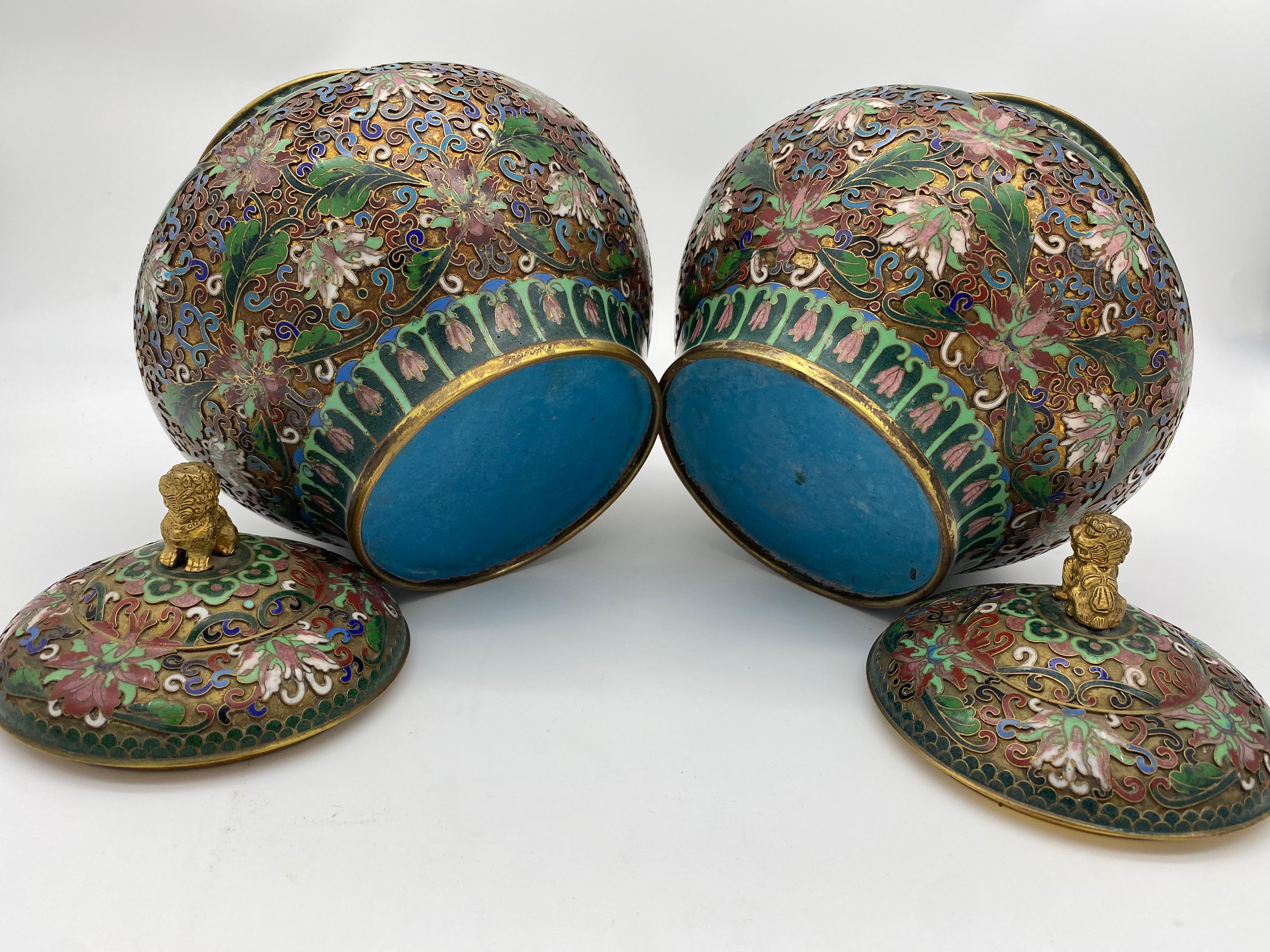 20th Century Pair of Chinese Cloisonné Enamel Lidded Open Work Ginger Jars