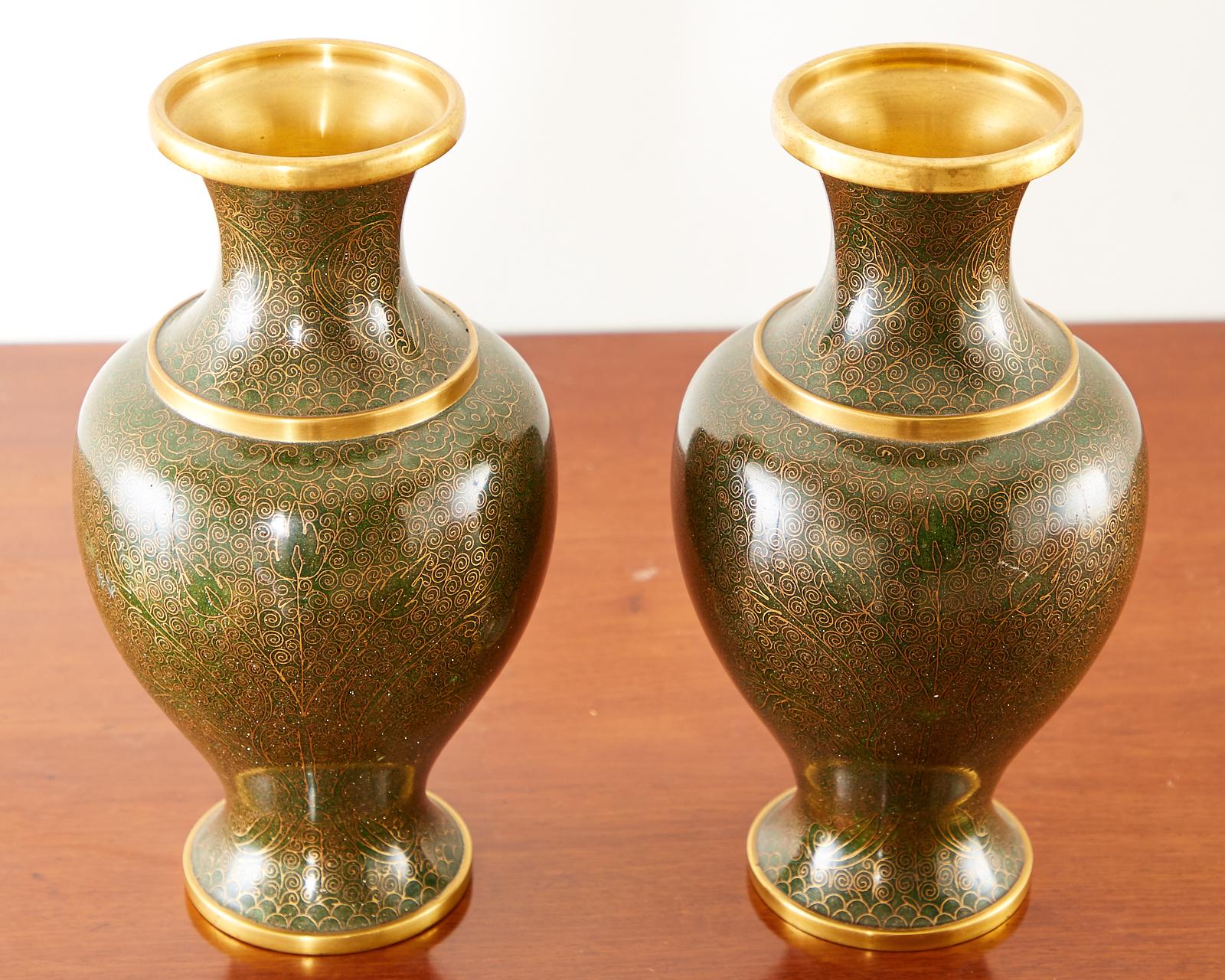 Pair of Chinese Cloisonné Enamel Baluster Vases For Sale 1