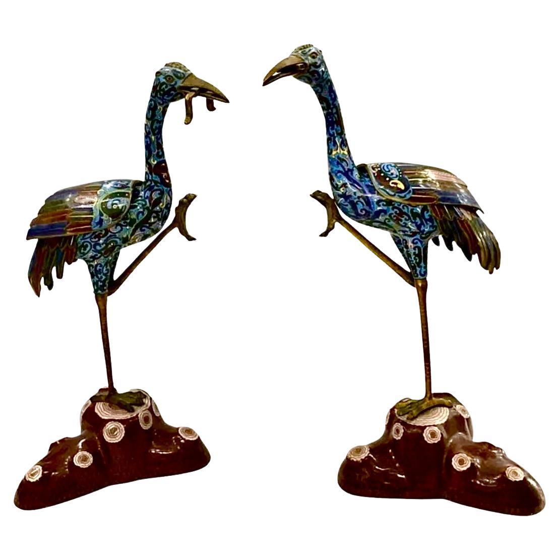 Chinese Export Pair of Chinese Cloisonne Enamel Cranes