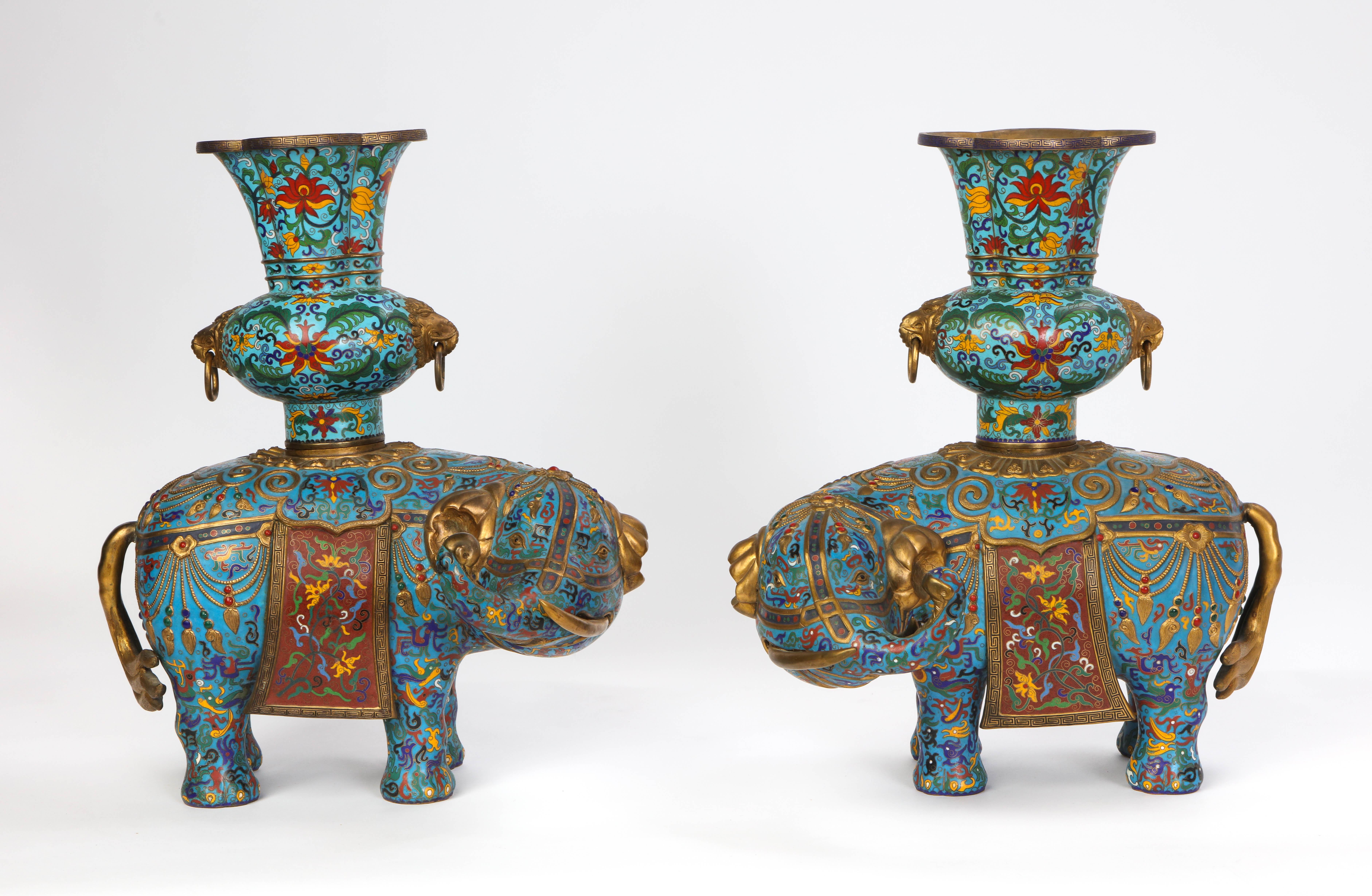 Pair of Chinese Cloisonne Enamel Elephant-Form Pricket Sticks, 20th Century In Good Condition For Sale In New York, NY