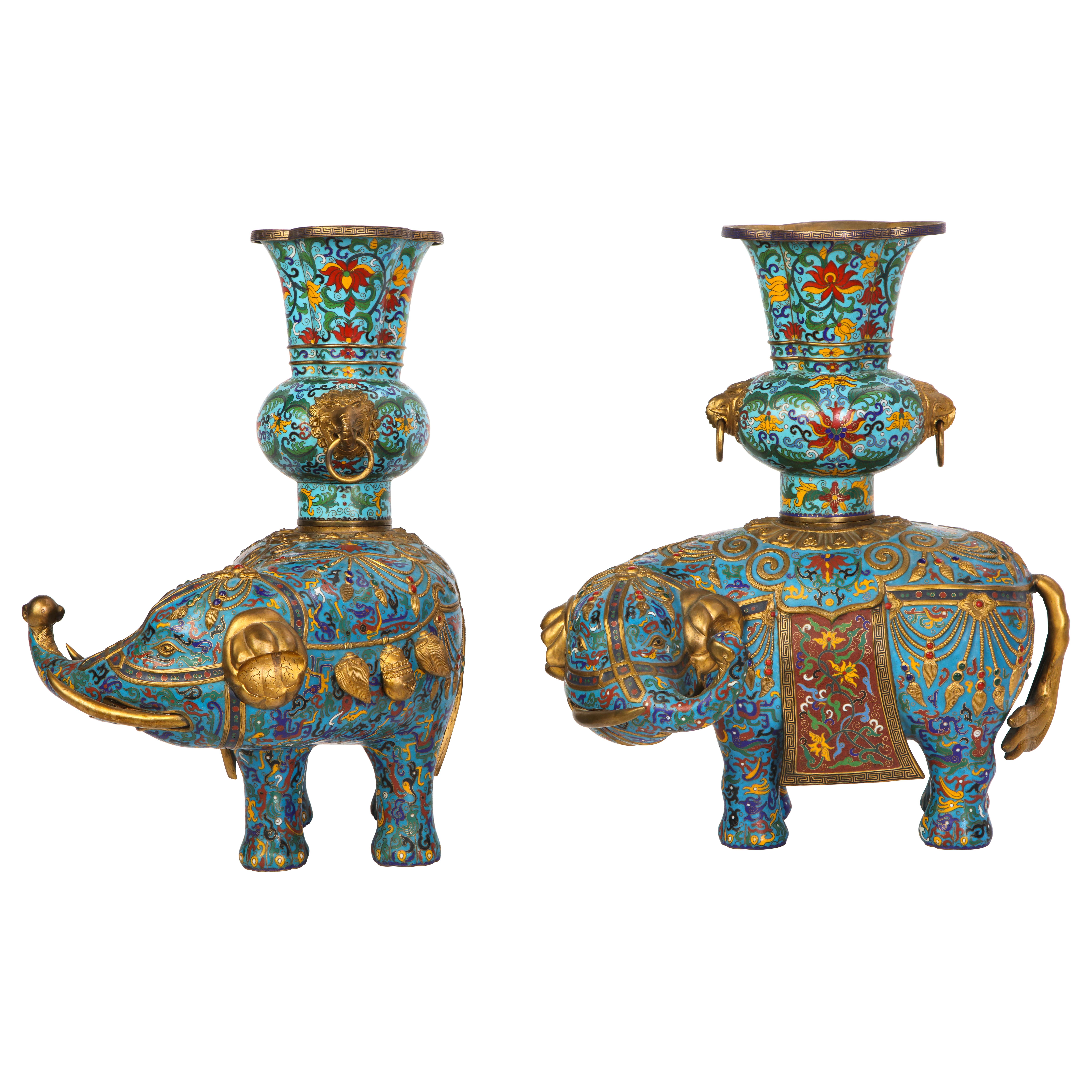 Pair of Chinese Cloisonne Enamel Elephant-Form Pricket Sticks, 20th Century For Sale
