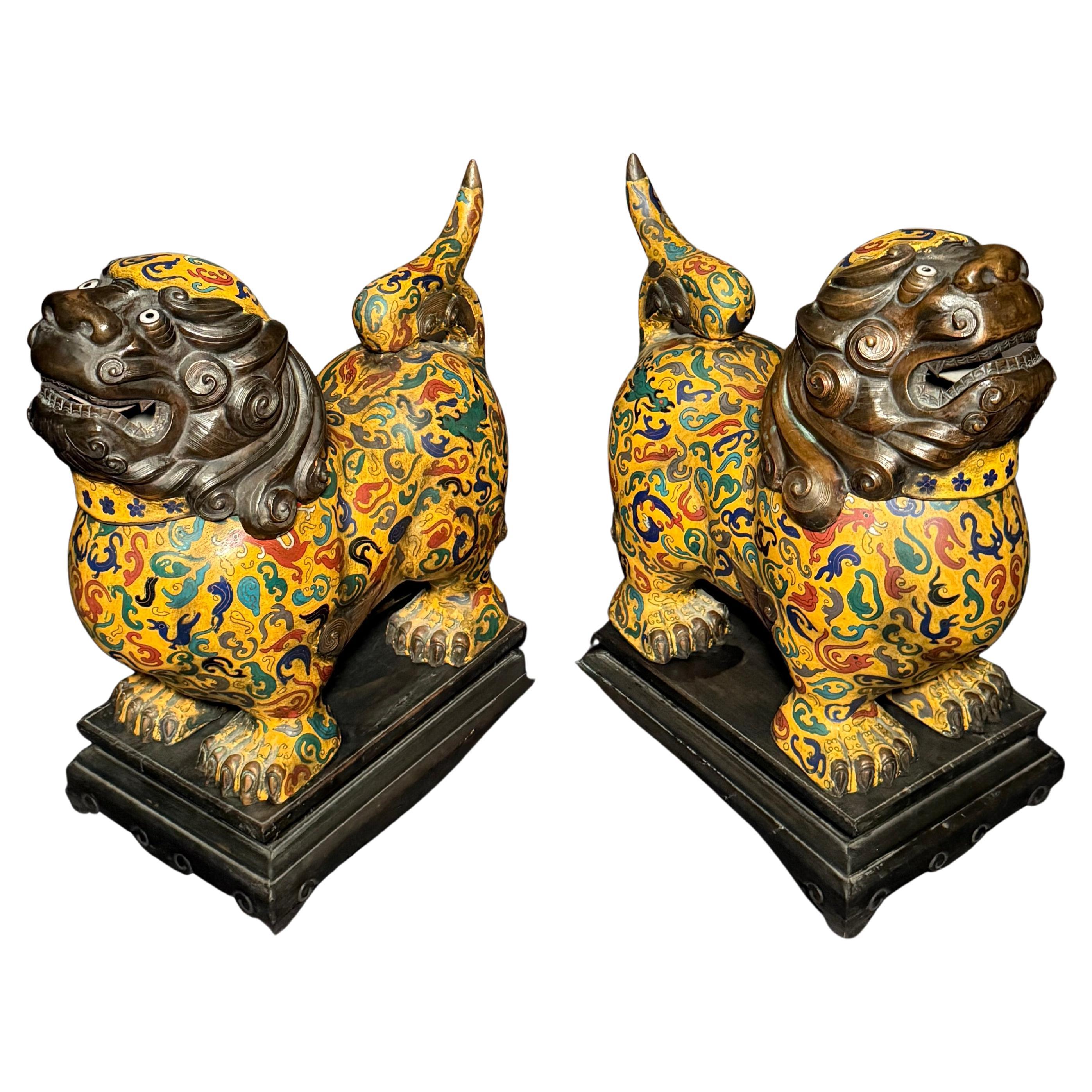 Pair Of Chinese Cloisonne Enamel Foo Lion Censers