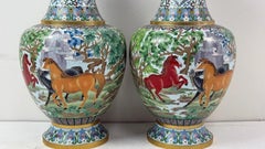 Pair of Chinese Cloisonne Enamel Horse Vases Gold Scrolls Horses Equestrian