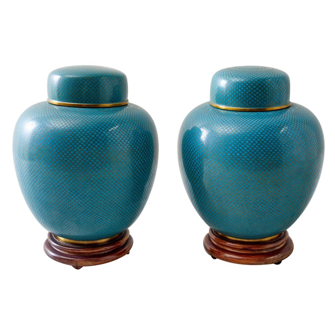 Pair of Chinese Cloisonné Enamel Lidded Jars